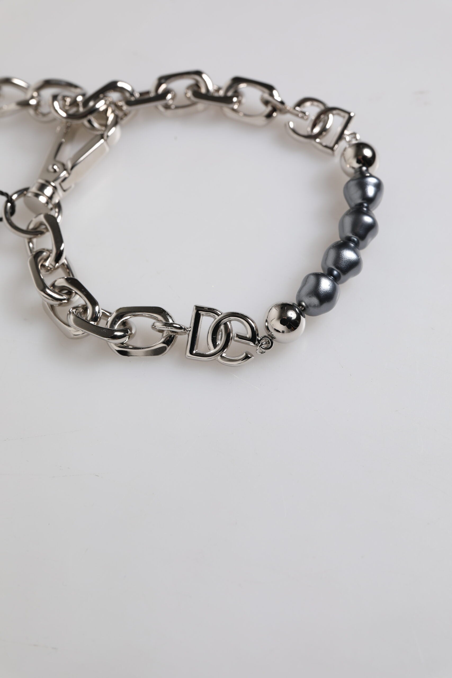 Dolce & Gabbana silver-tone chain with lobster clasp and logo, grey pearl bracelet-4