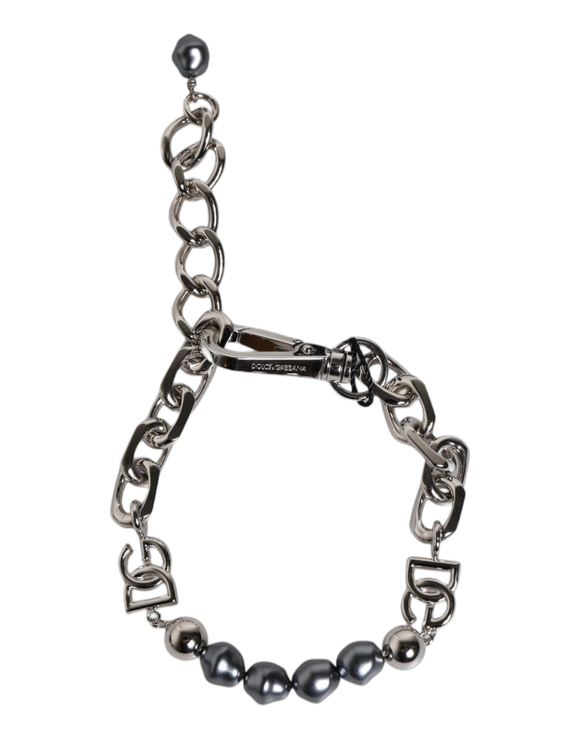 Dolce & Gabbana silver-tone chain with lobster clasp and logo, grey pearl bracelet-6