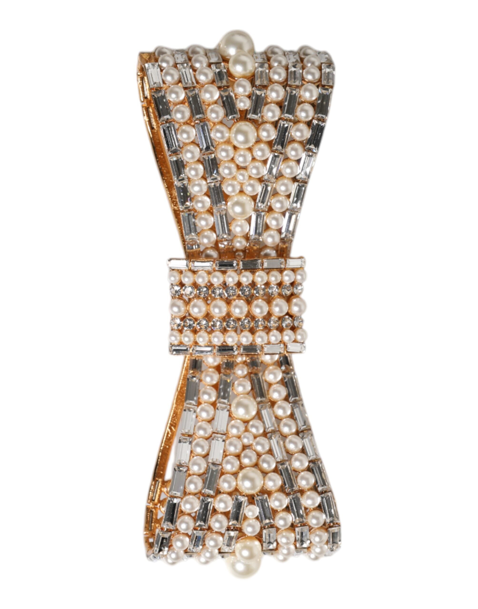 Dolce & Gabbana Gold-tone Brass Bow Crystal FauxPearl Embellished Brooch-1