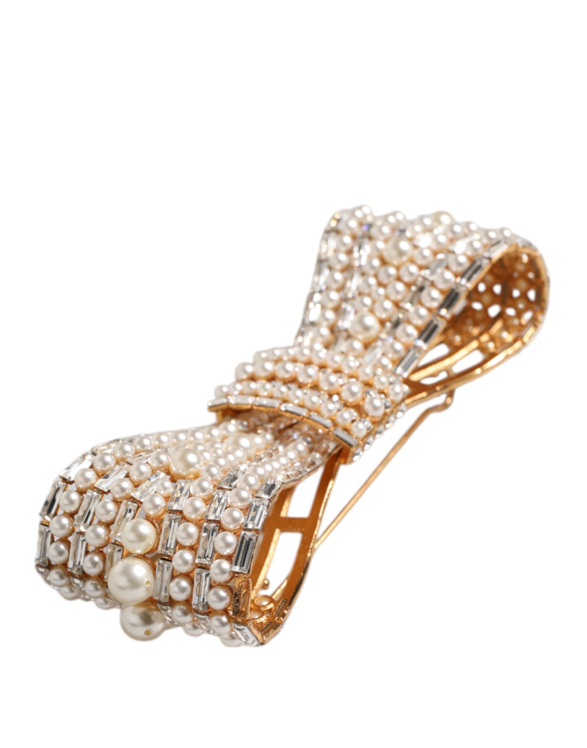 Dolce & Gabbana Gold-tone Brass Bow Crystal FauxPearl Embellished Brooch-3