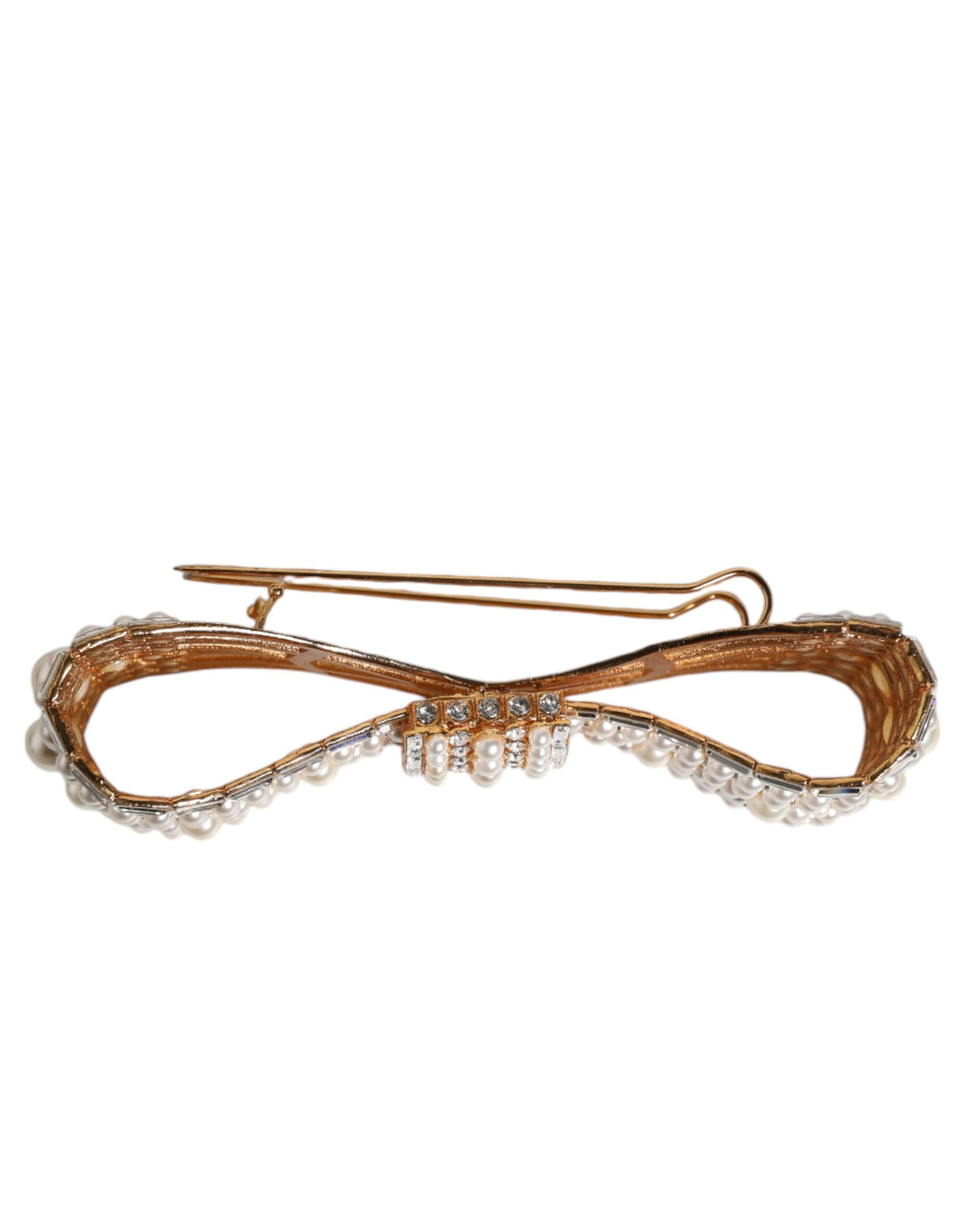 Dolce & Gabbana Gold-tone Brass Bow Crystal FauxPearl Embellished Brooch-4