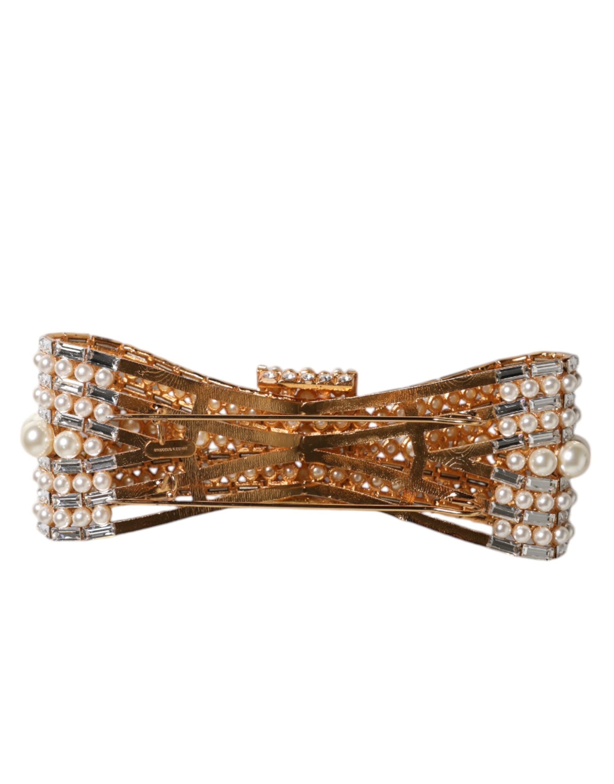 Dolce & Gabbana Gold-tone Brass Bow Crystal FauxPearl Embellished Brooch-5