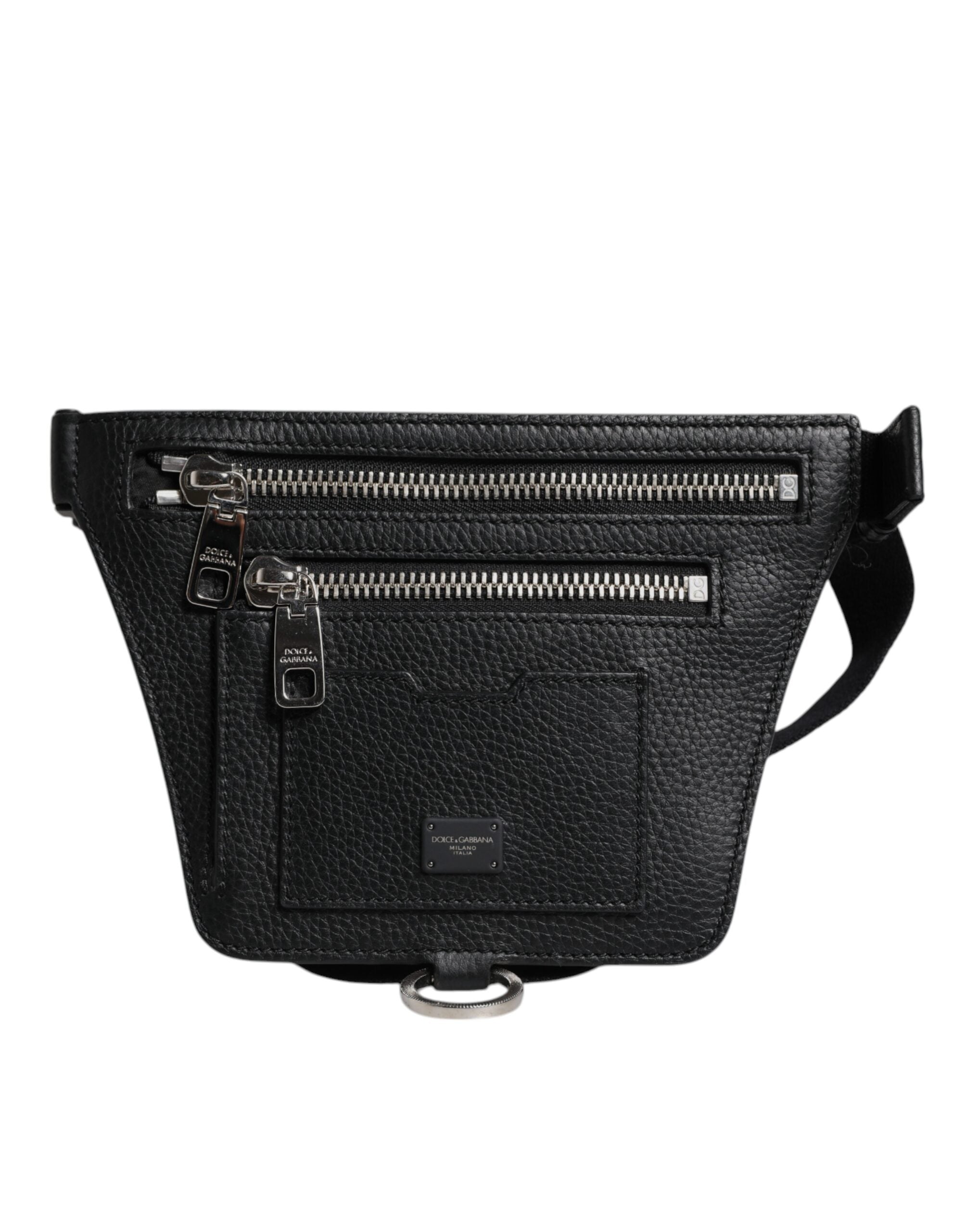 Dolce & Gabbana Schwarzes Kalbsleder Logo Plaque Gürtel Taille Männer Fanny Pack Tasche-2