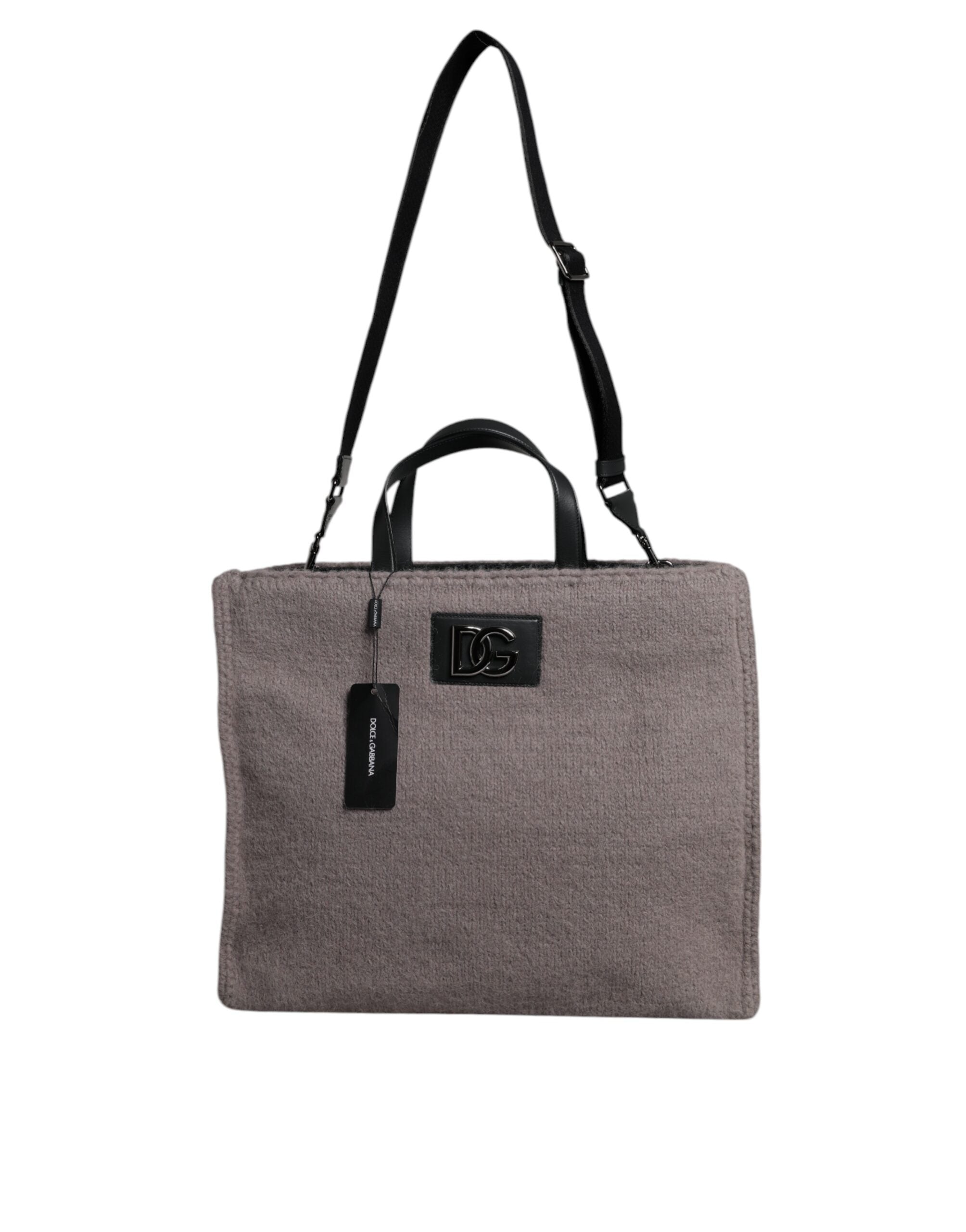 Dolce & Gabbana Grey Alpaca Wool Logo Plaque Tote Shoulder Bag-2