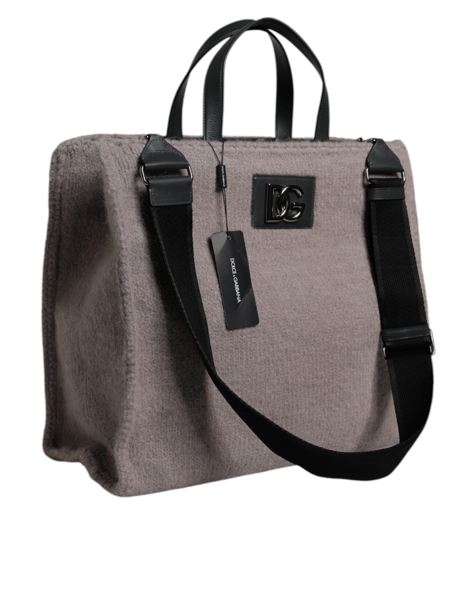 Dolce & Gabbana Grey Alpaca Wool Logo Plaque Tote Shoulder Bag-3