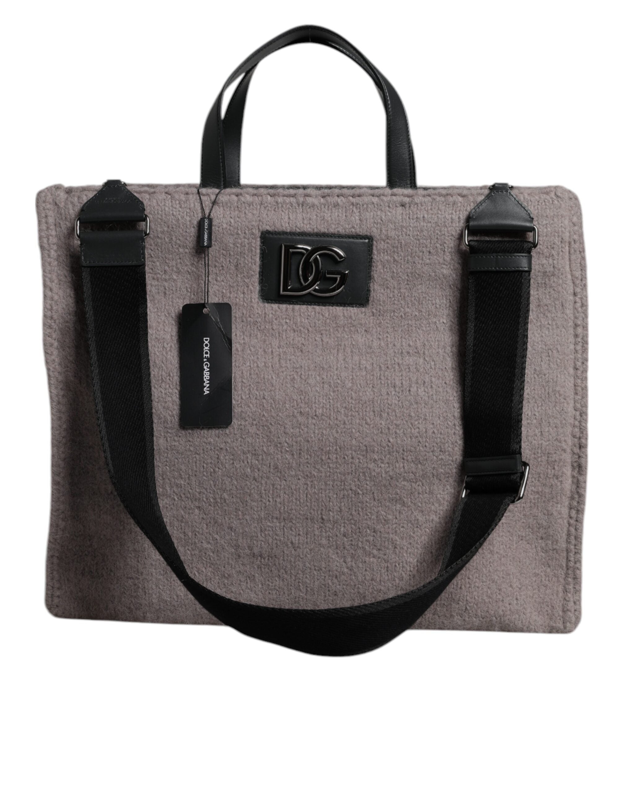 Dolce & Gabbana Grey Alpaca Wool Logo Plaque Tote Shoulder Bag-1