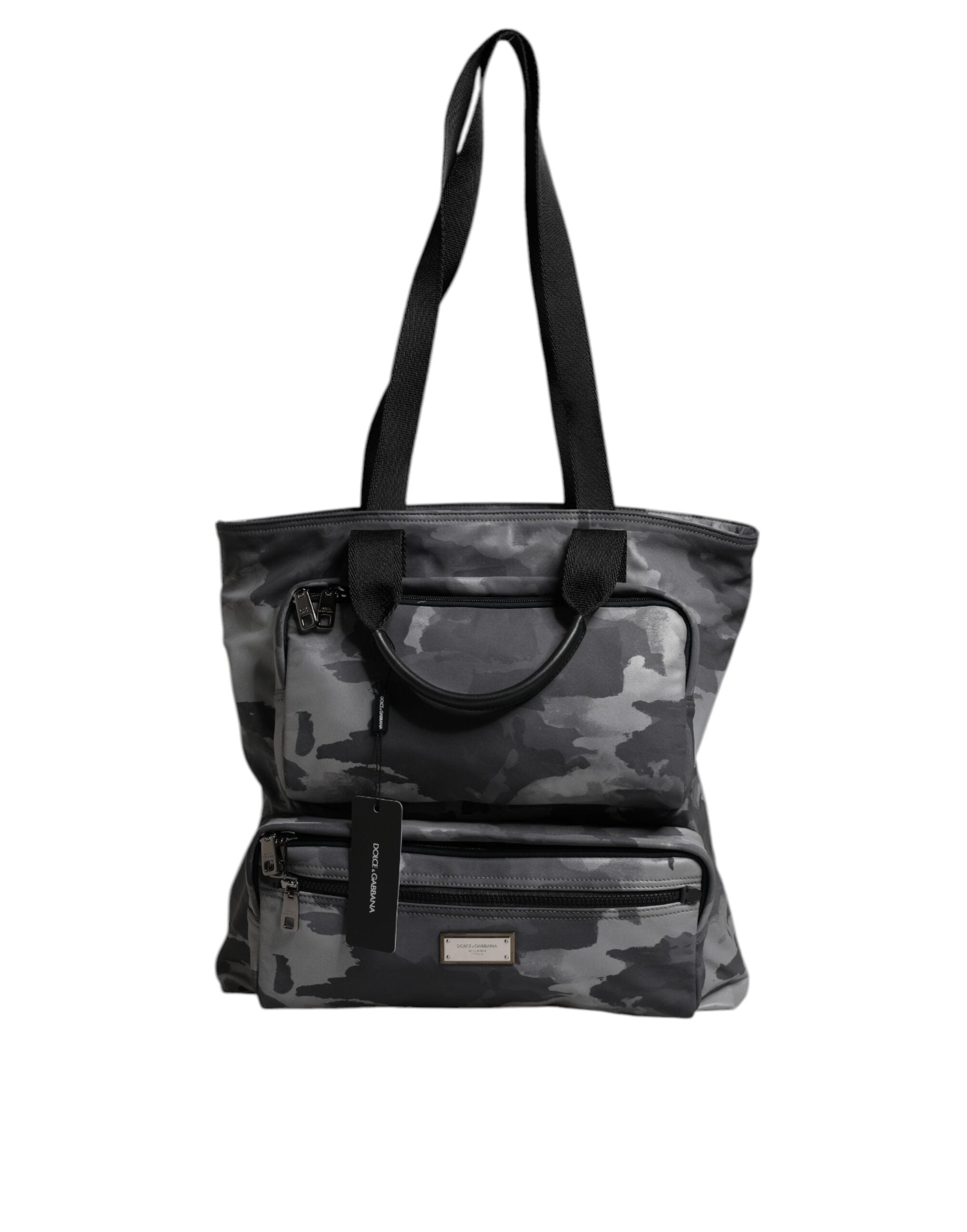 Dolce & Gabbana Grey Camouflage Cotton Tote Bag with Multiple Compartments-2