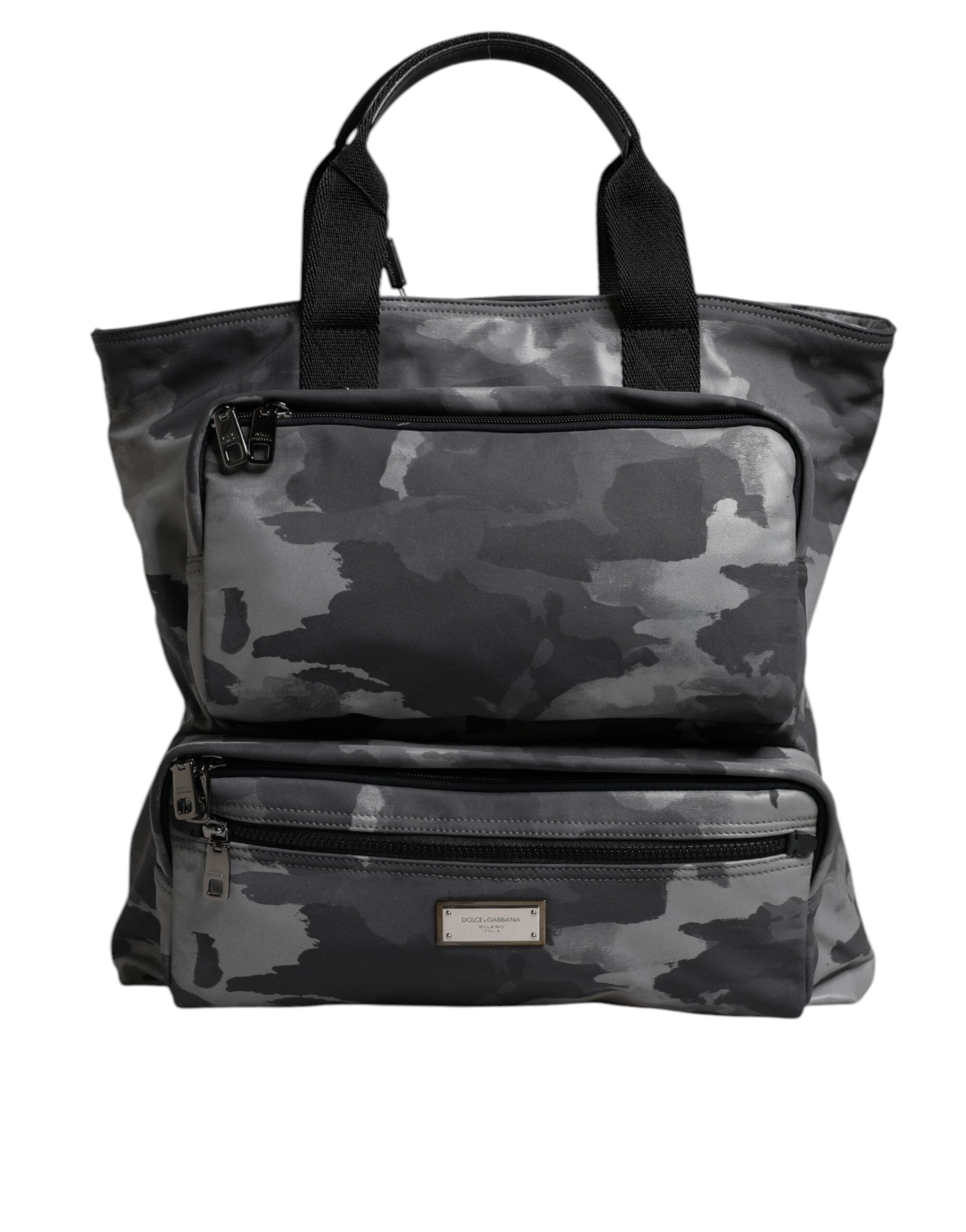 Dolce & Gabbana Grey Camouflage Cotton Tote Bag with Multiple Compartments-3