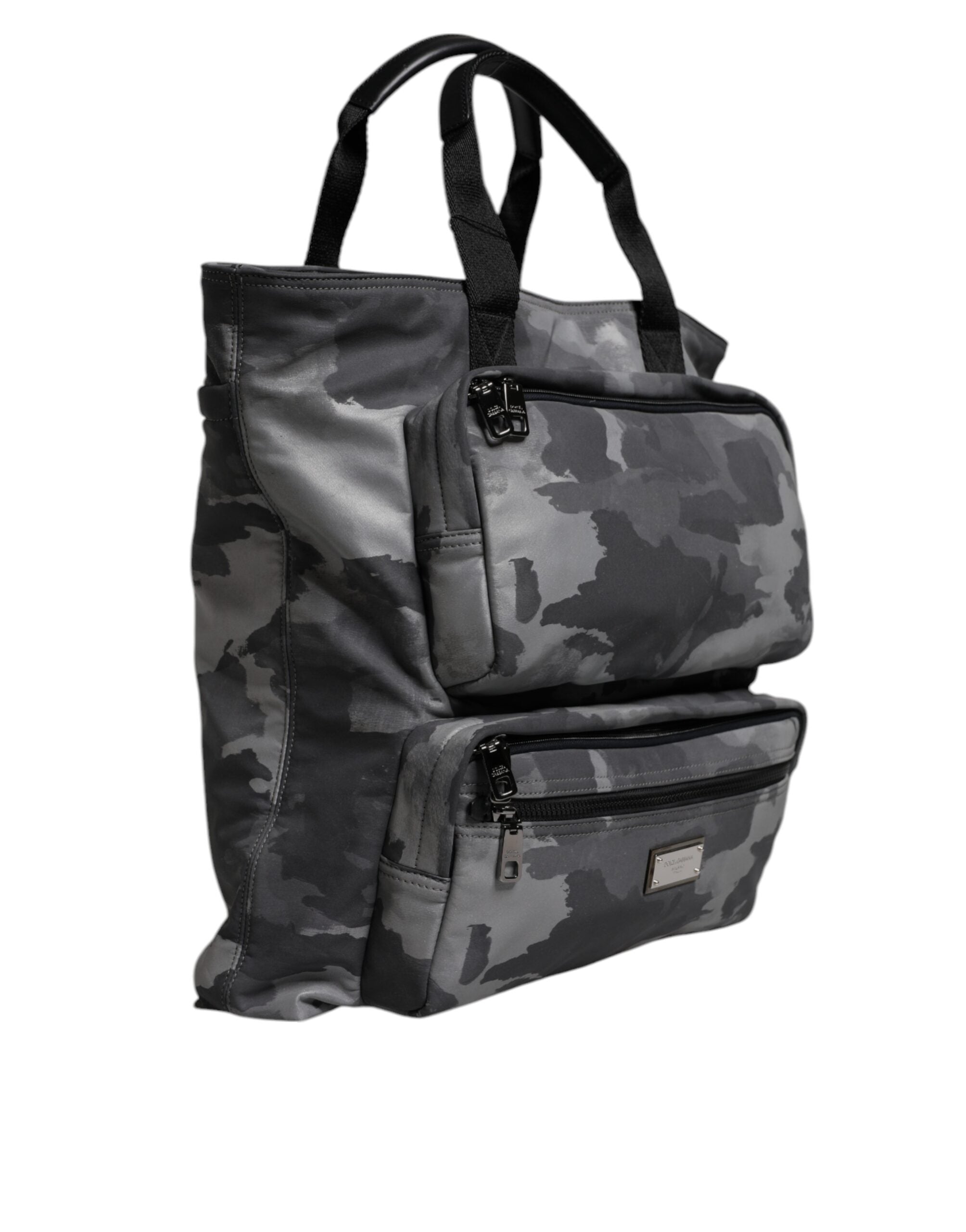 Dolce & Gabbana Grey Camouflage Cotton Tote Bag with Multiple Compartments-4