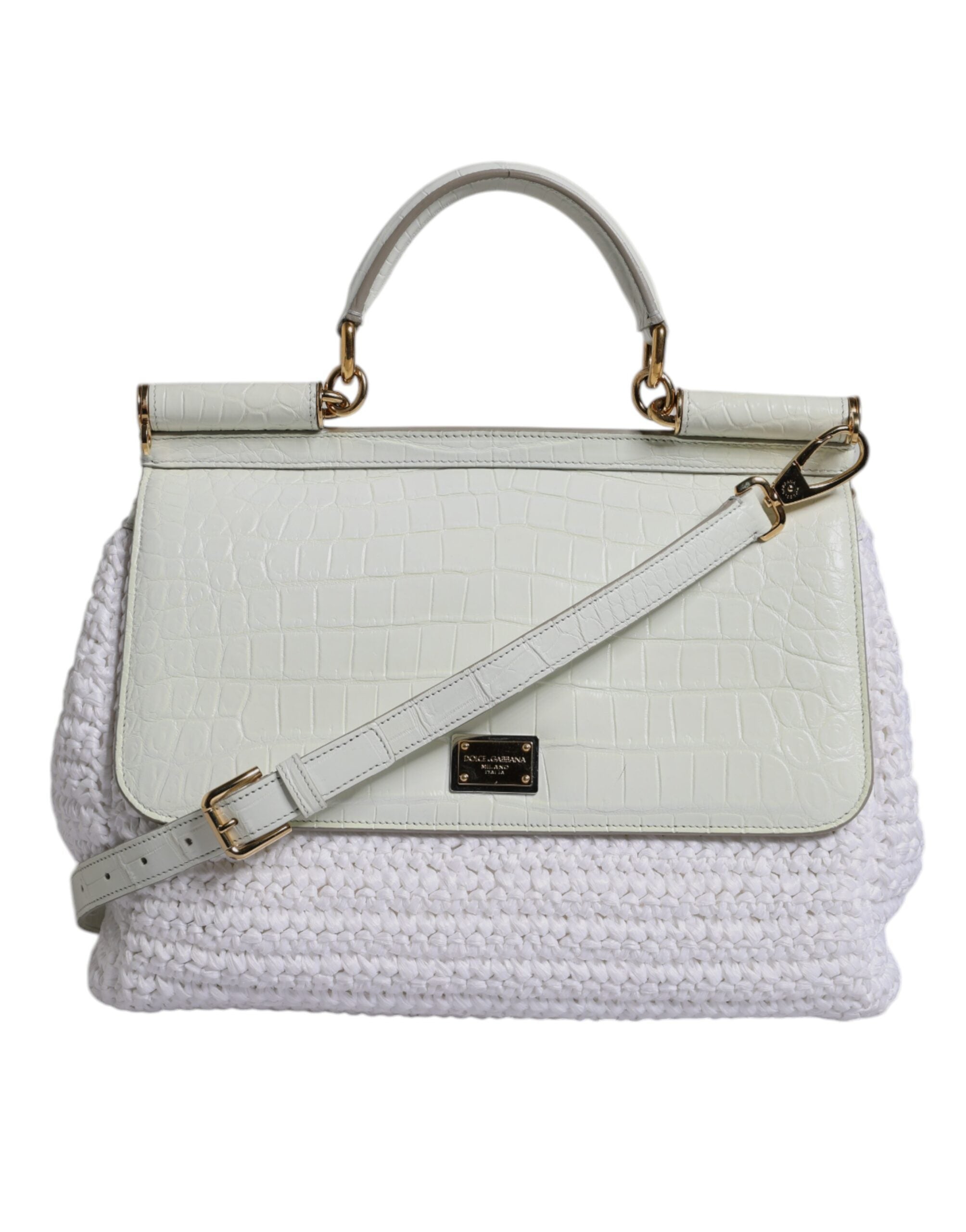 Dolce & Gabbana White Rafia Leather Shoulder Bag with Top Handle-3