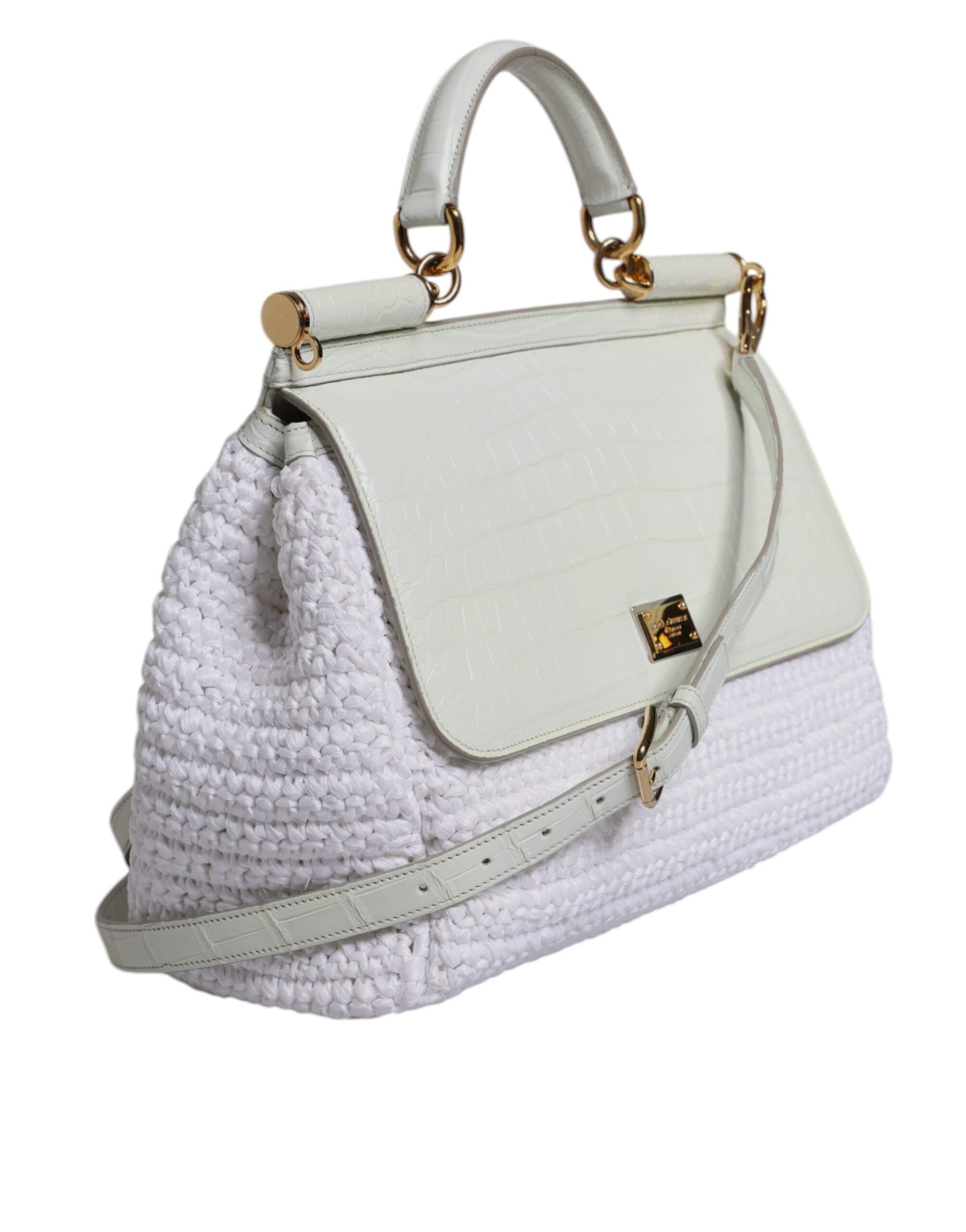 Dolce & Gabbana White Rafia Leather Shoulder Bag with Top Handle-4