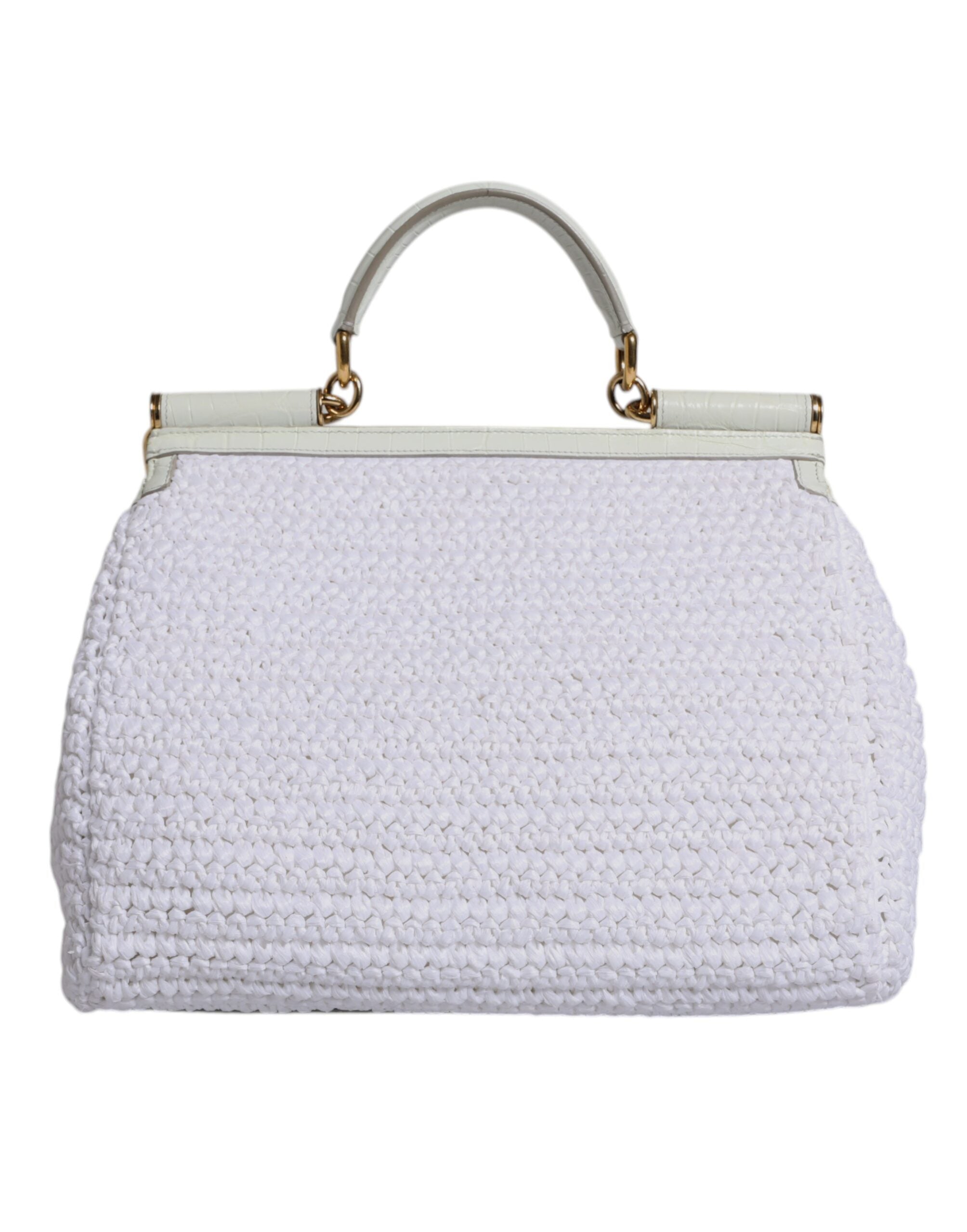 Dolce & Gabbana White Rafia Leather Shoulder Bag with Top Handle-5