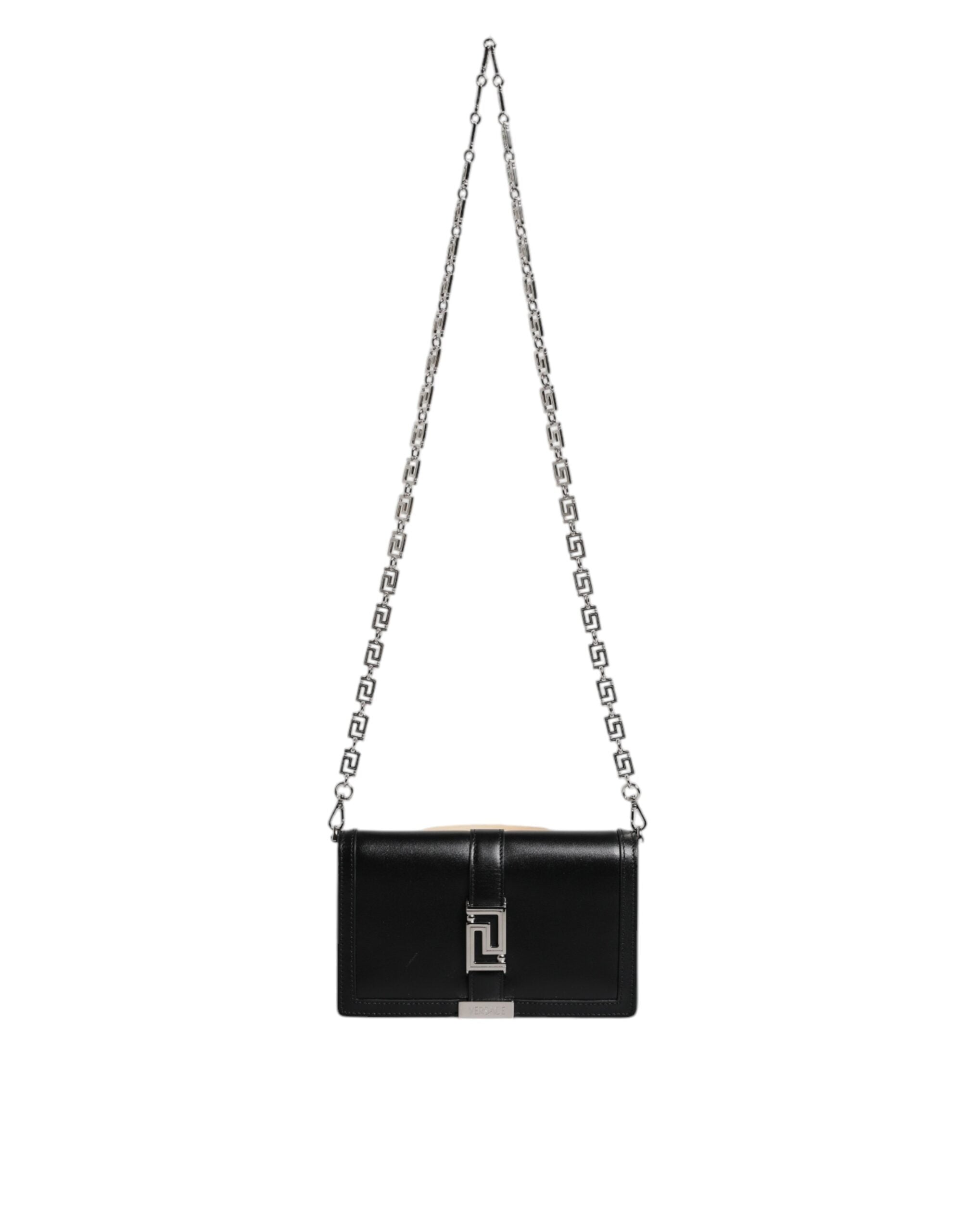 Versace Schwarze Kalbsleder-Kettenriemen-Schulter-Crossbody-Tasche-2