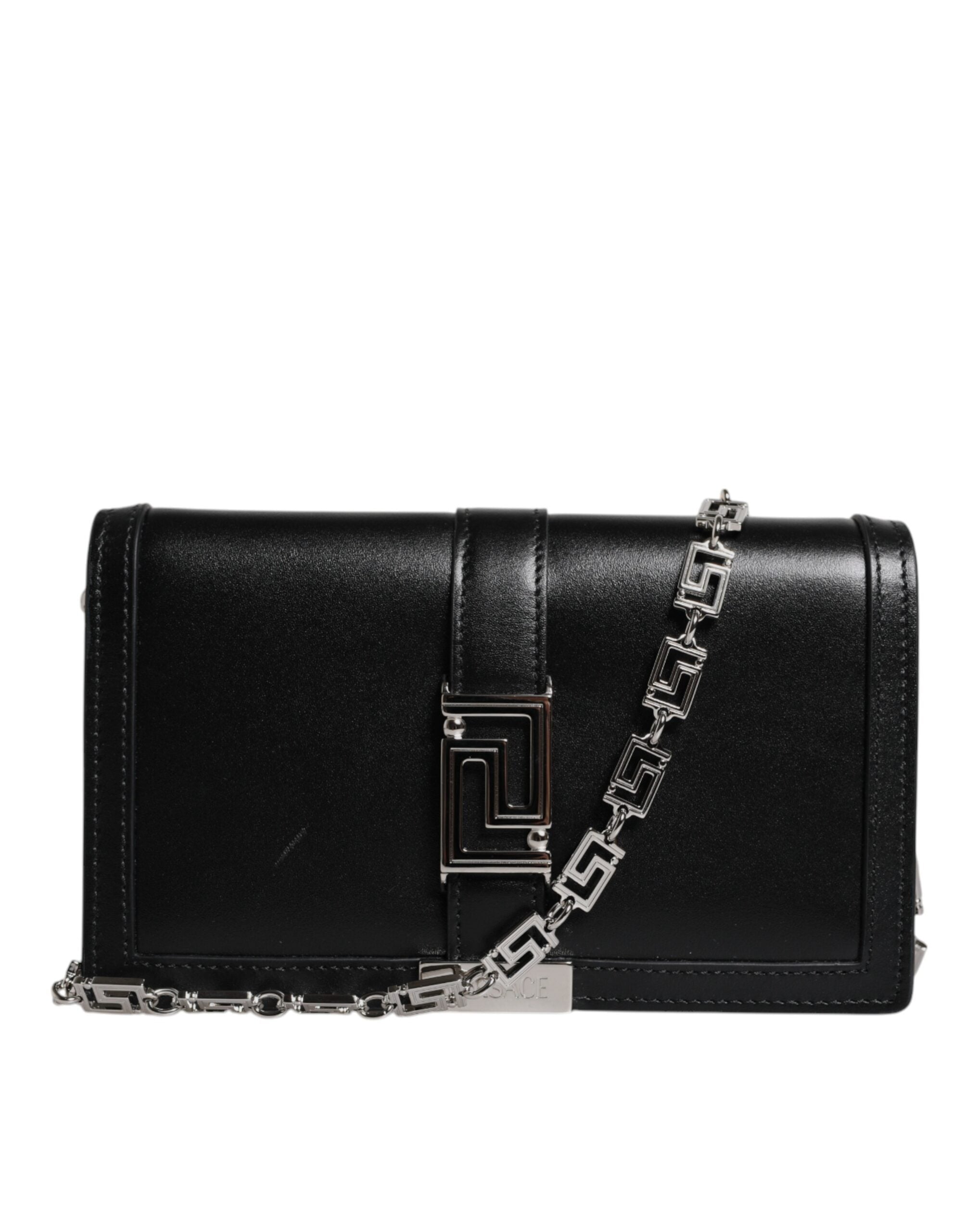 Versace Schwarze Kalbsleder-Kettenriemen-Schulter-Crossbody-Tasche-3