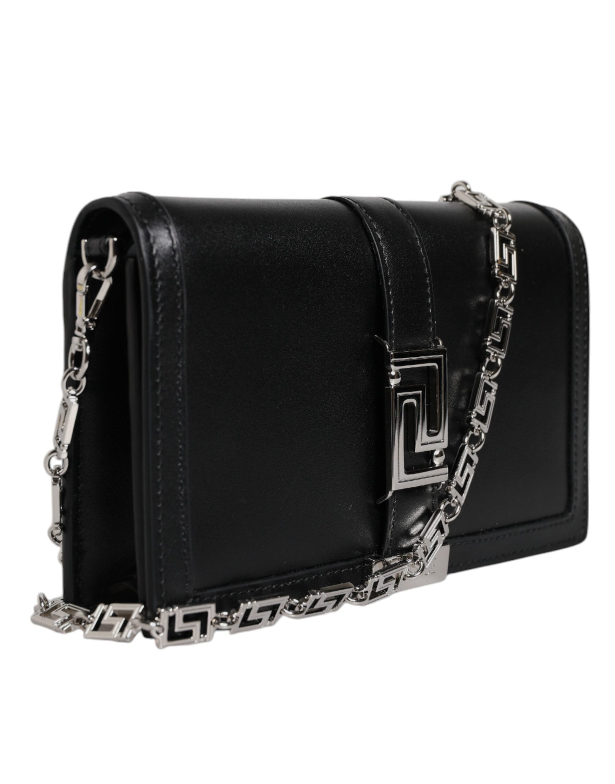 Versace Schwarze Kalbsleder-Kettenriemen-Schulter-Crossbody-Tasche-4