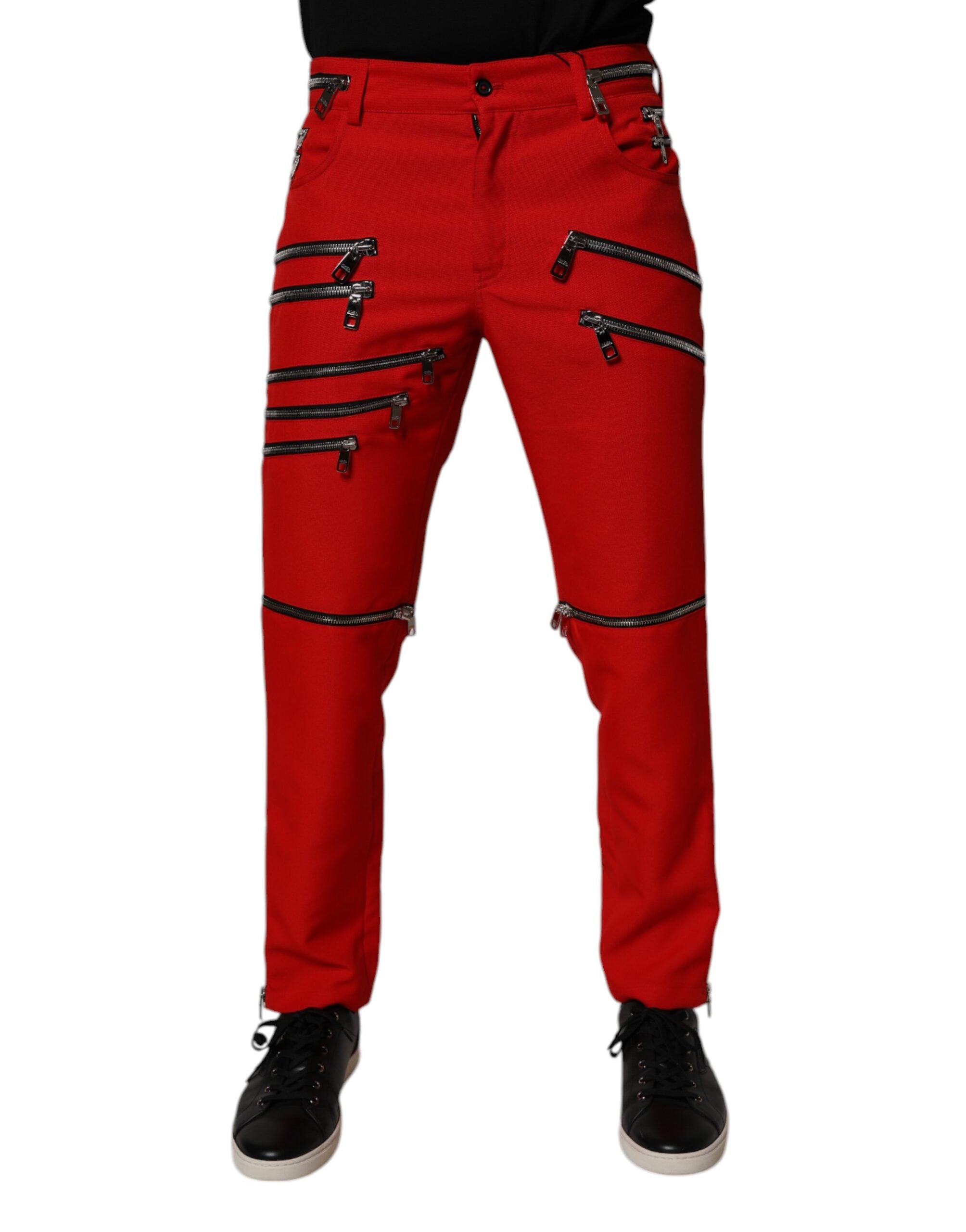 Pantalón recto rojo con cremallera y adornos de Dolce & Gabbana-1