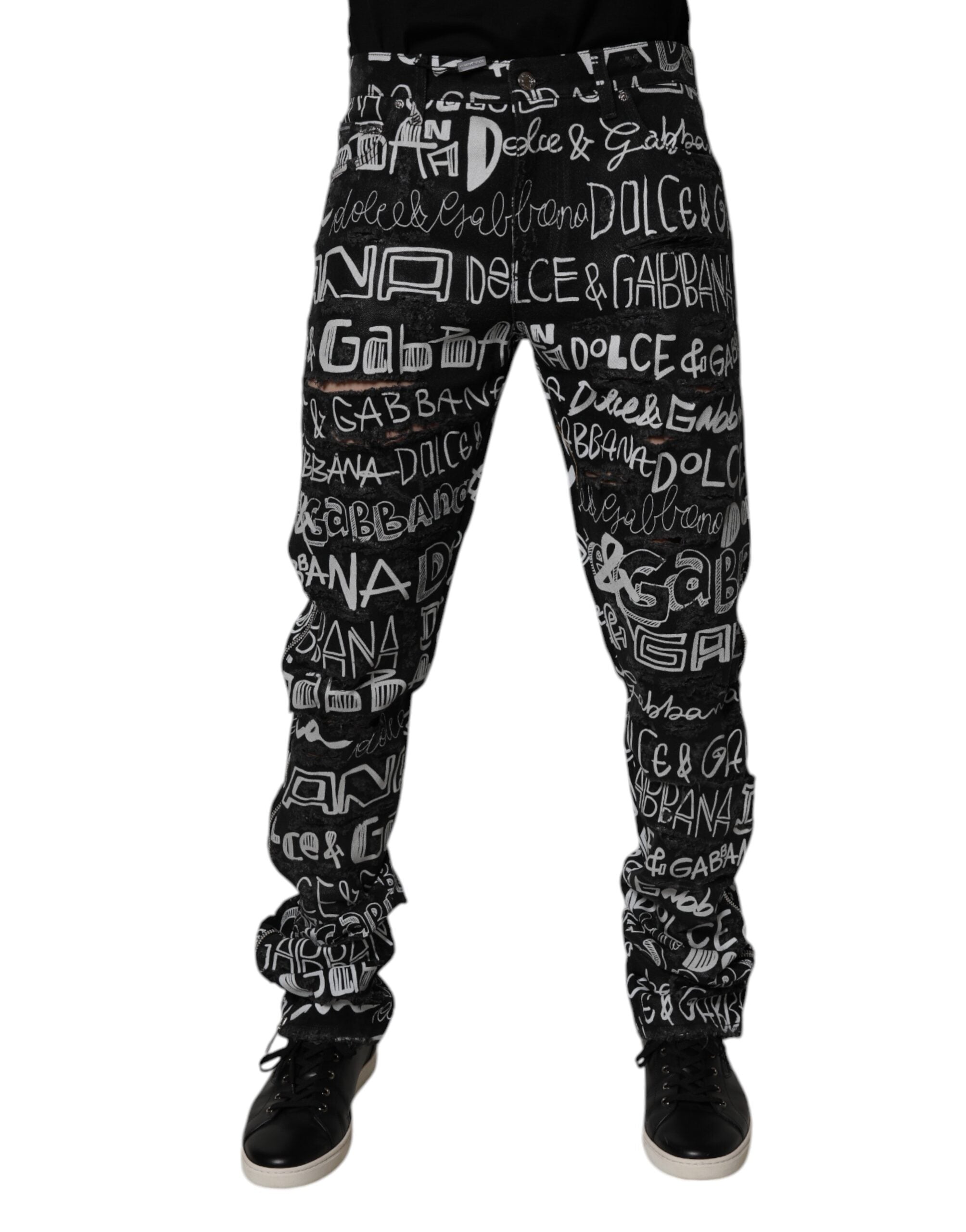 Dolce & Gabbana Black Logo Printed Straight Denim Jeans in Cotton