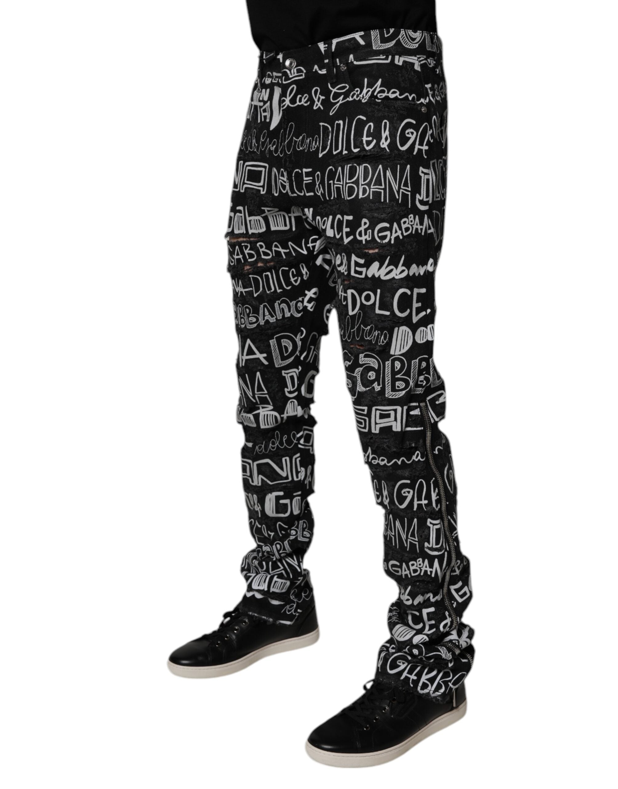 Dolce & Gabbana Schwarze Logo bedruckte Straight Denim Jeans aus Baumwolle-3