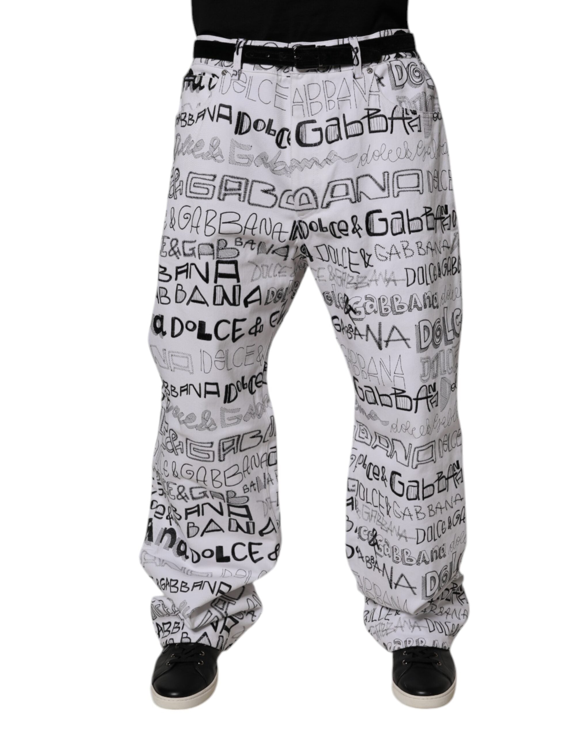 Dolce & Gabbana White Logo Print Straight Men's Denim Jeans-2