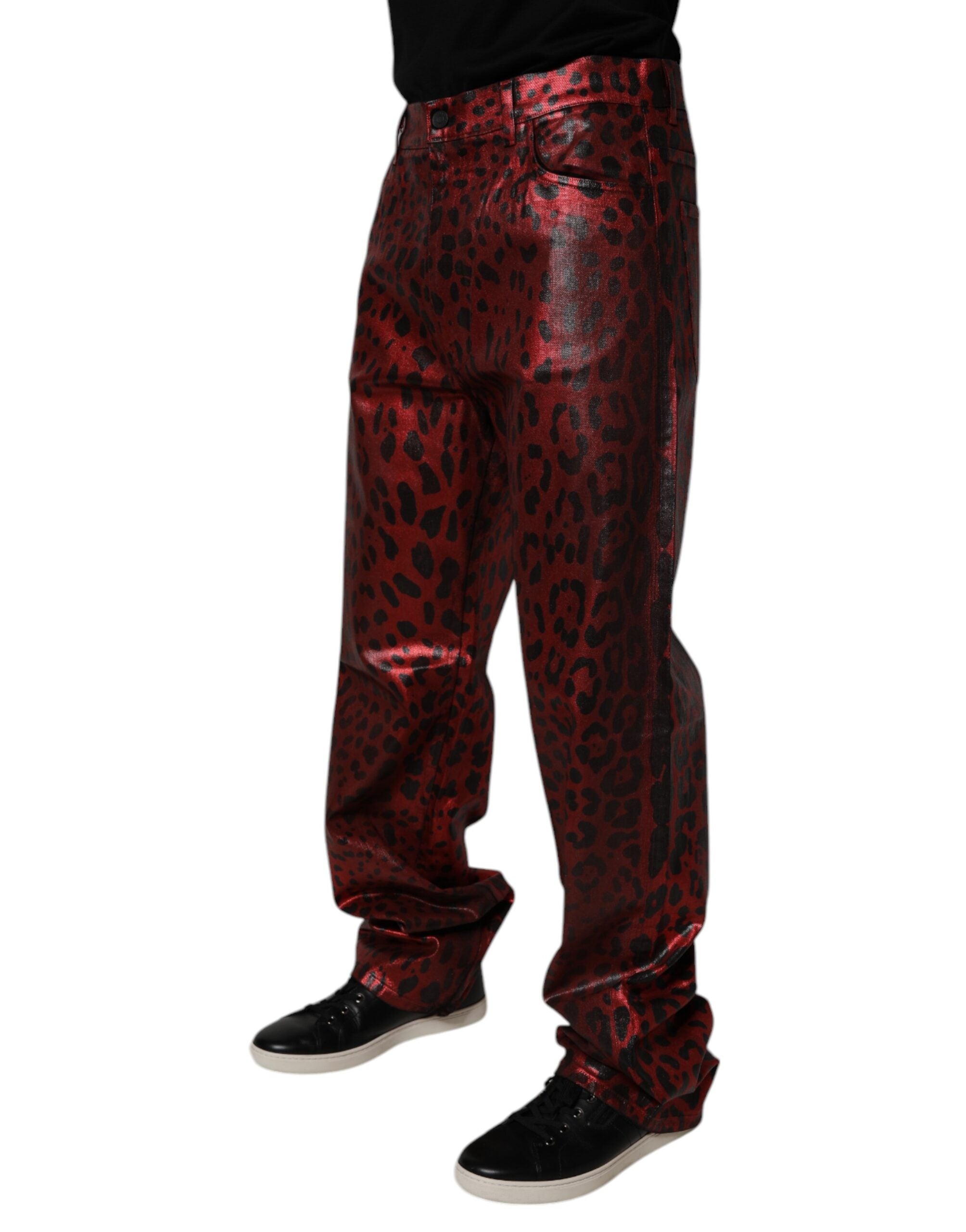 Dolce & Gabbana Rote Leopard-Baumwolle Gerade Männer Denim Jeans-3