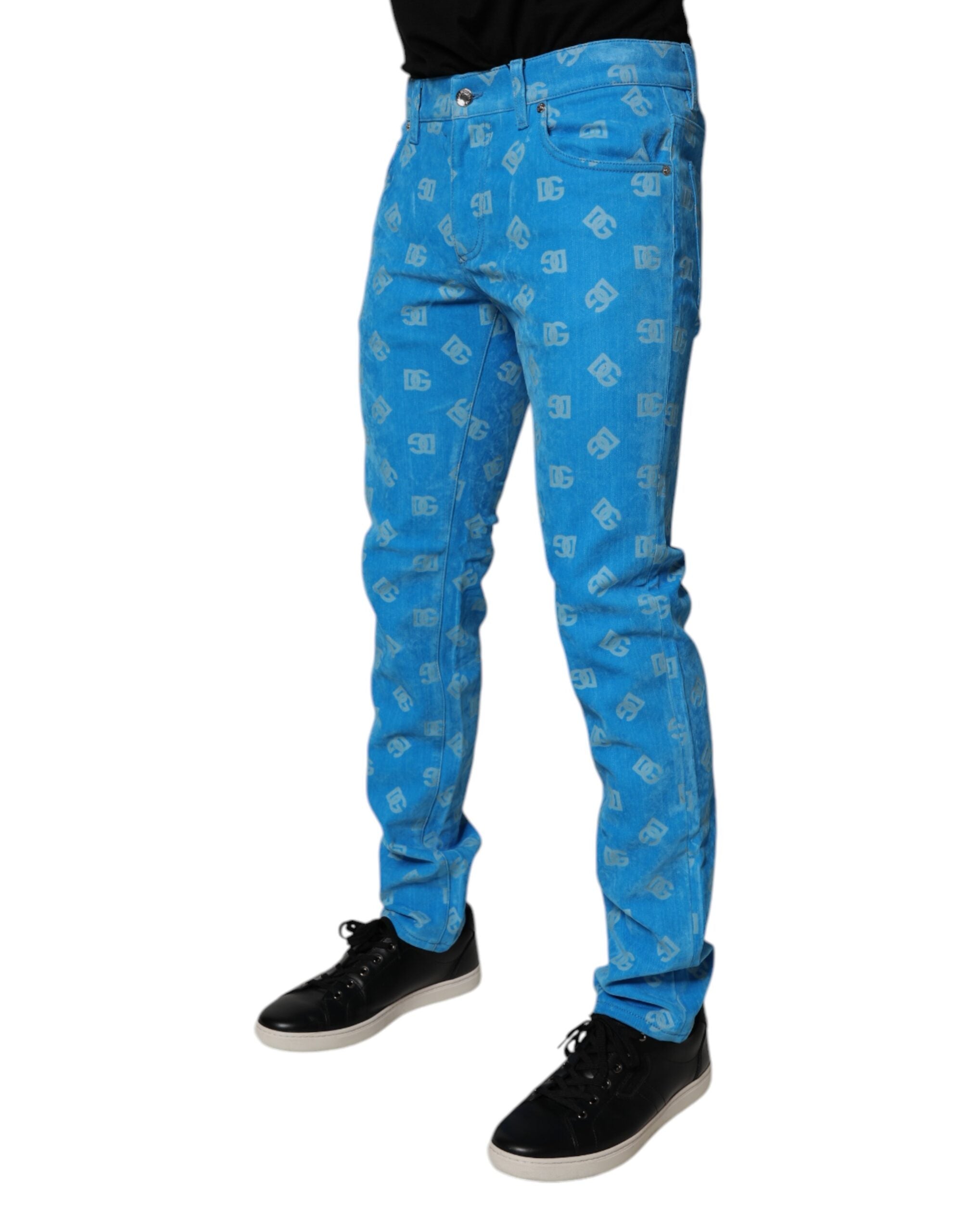 Vaqueros ajustados de algodón con monograma y logotipo azul de Dolce & Gabbana-3