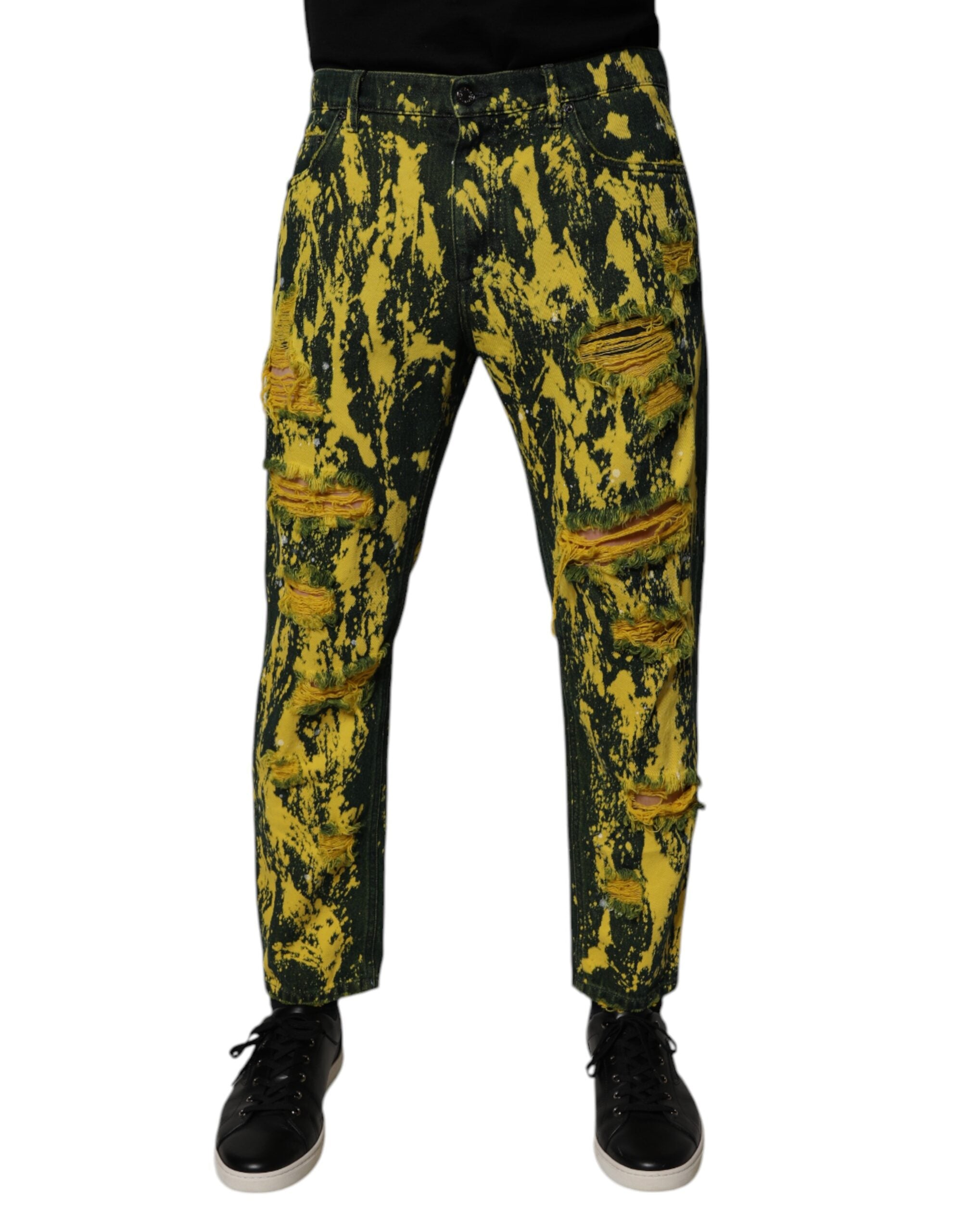 Dolce & Gabbana Black Yellow Tie Dye Tattered Skinny Men's Denim Jeans-2