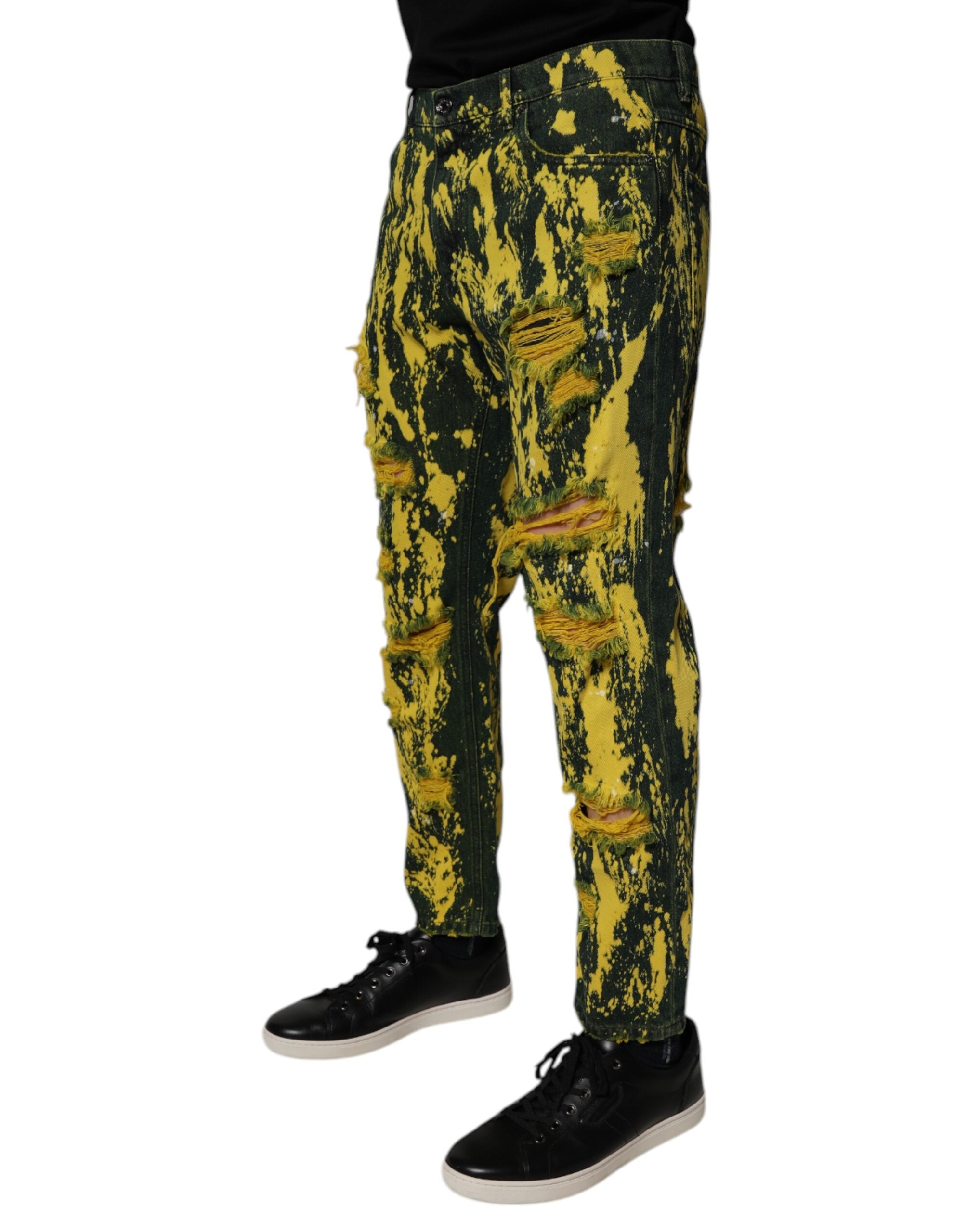 Dolce & Gabbana Black Yellow Tie Dye Tattered Skinny Men's Denim Jeans-3