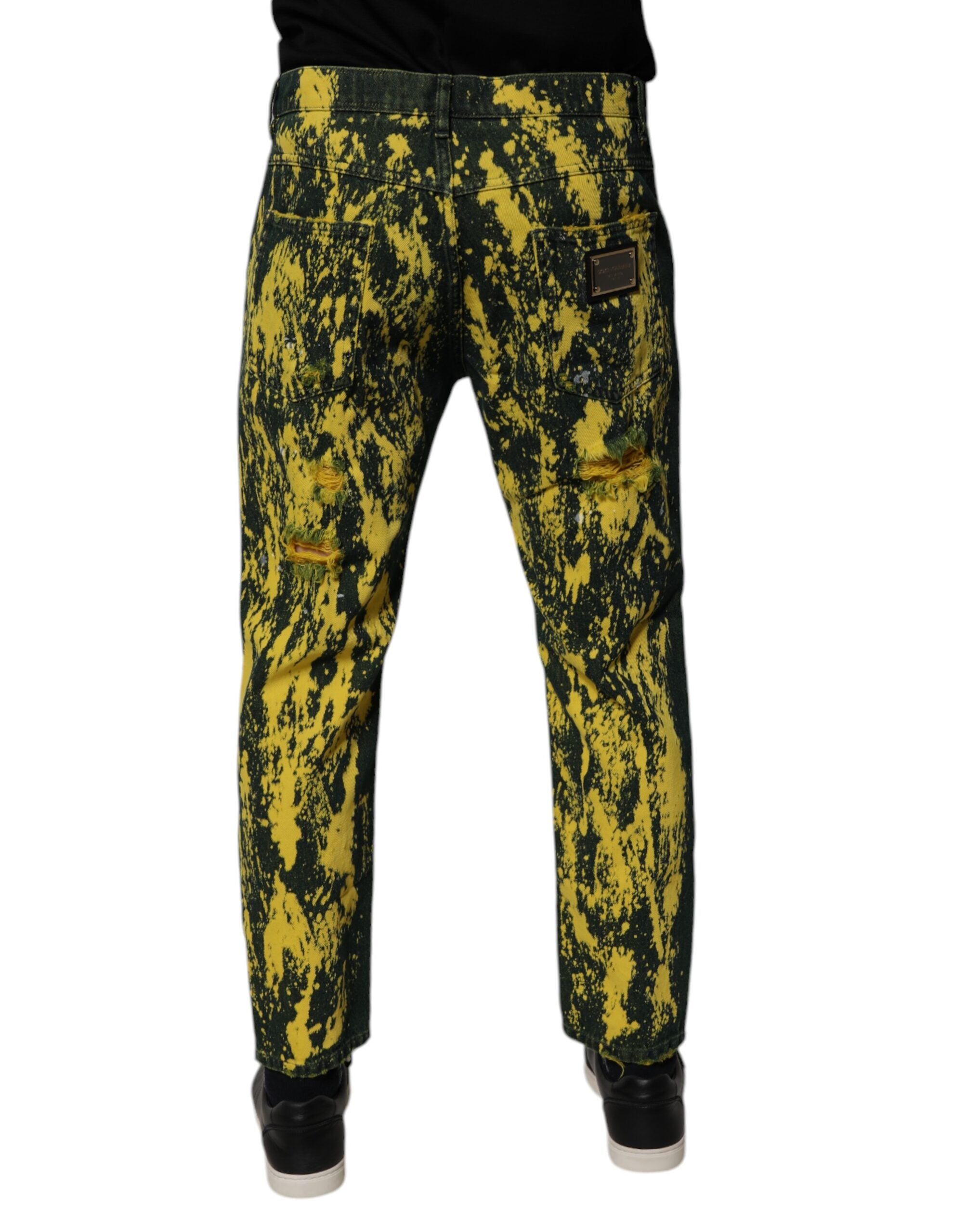 Dolce & Gabbana Black Yellow Tie Dye Tattered Skinny Men's Denim Jeans-4