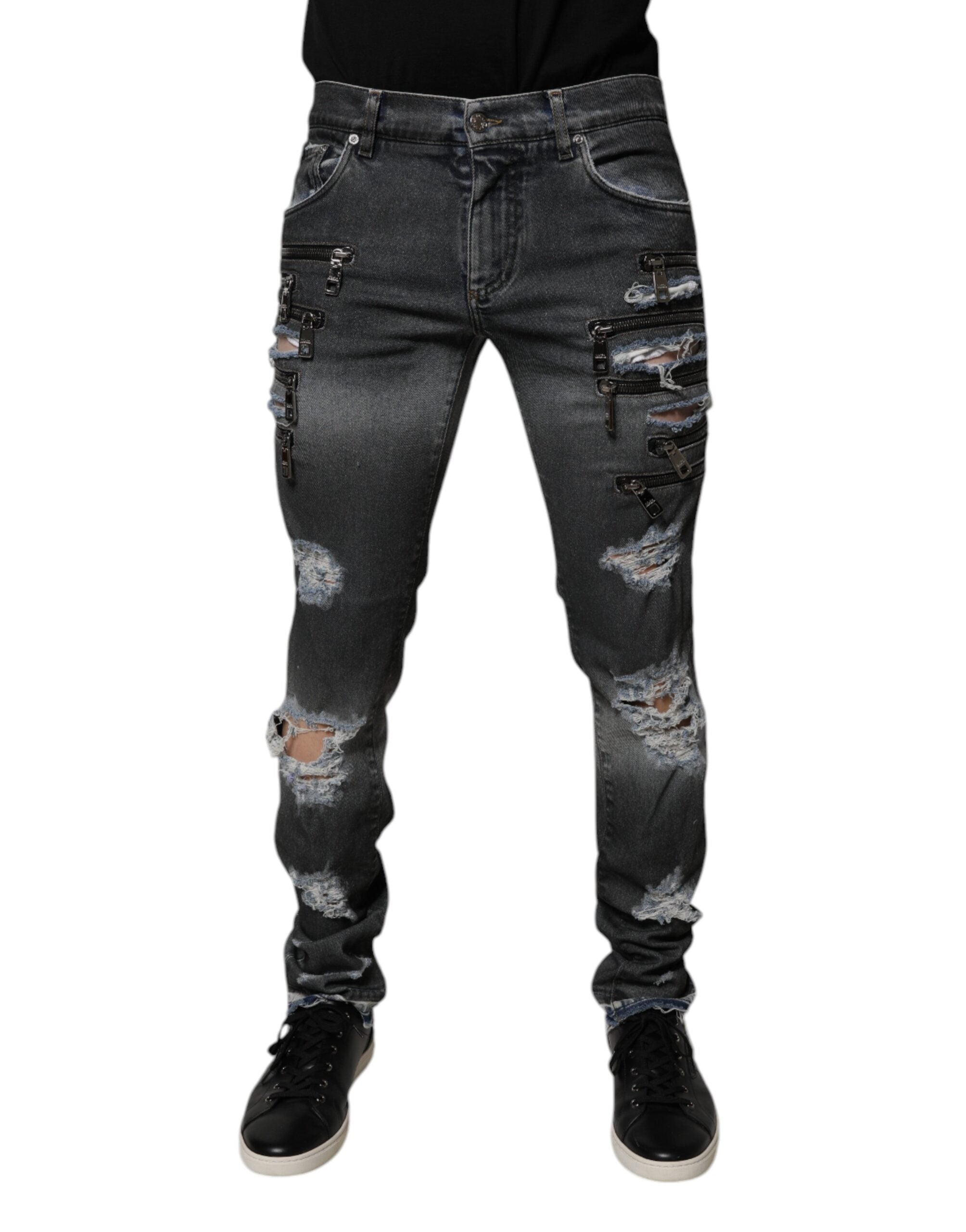 Dolce & Gabbana Dunkelgraue zerfledderte Baumwoll-Skinny-Denim-Jeans-2