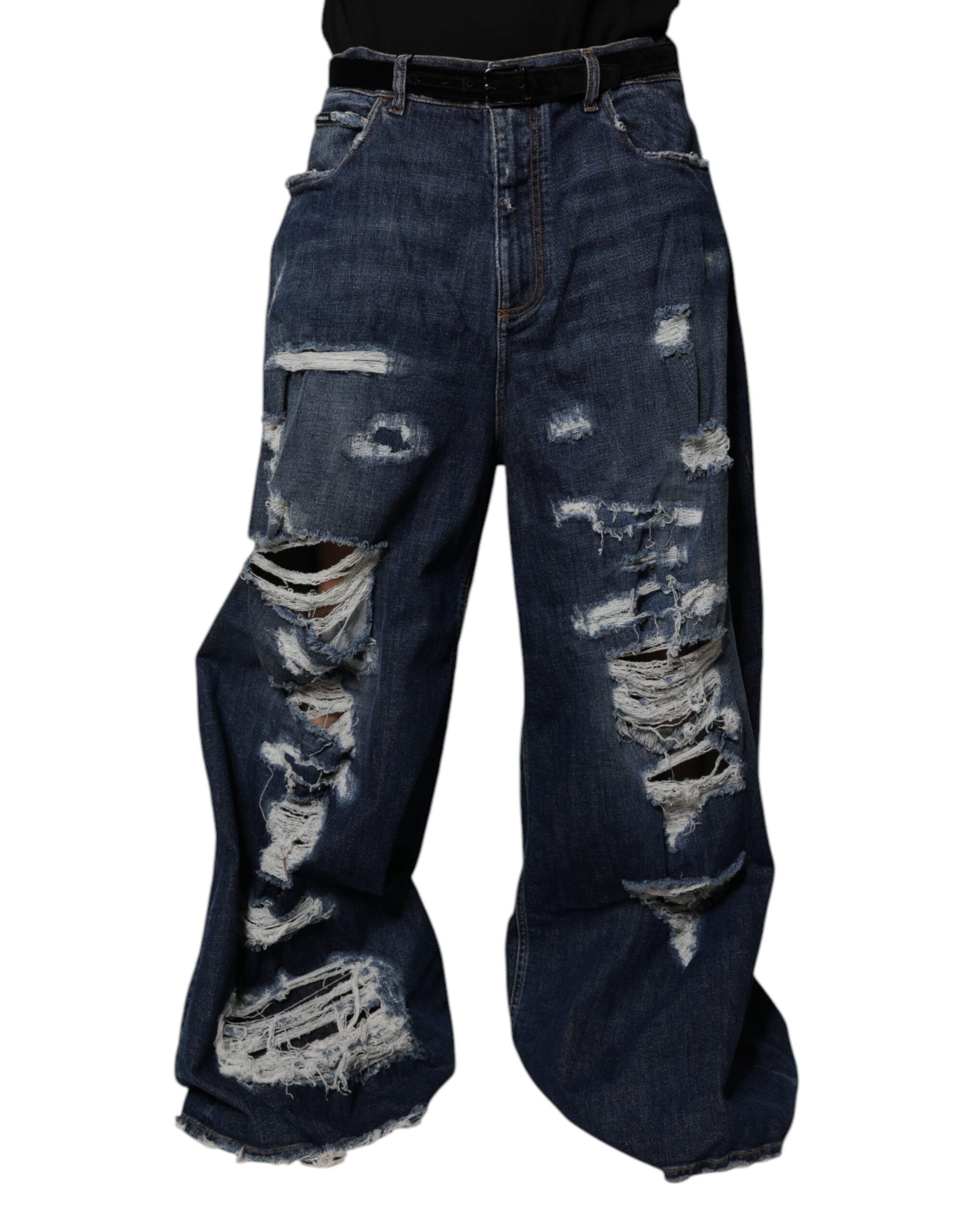 Dolce & Gabbana dark blue ripped wide-leg denim jeans for men-2