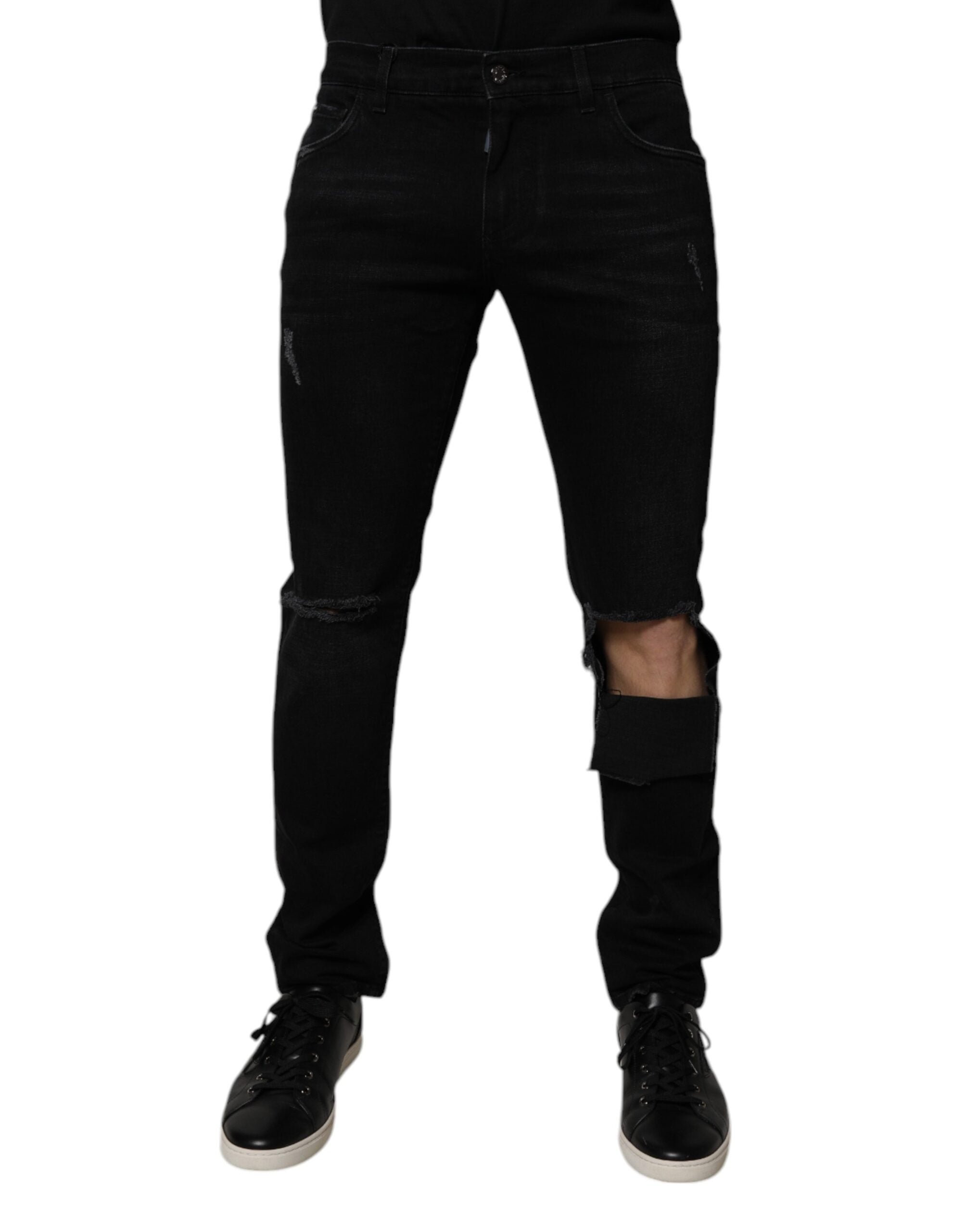 Dolce & Gabbana Black Ripped Cotton Skinny Men's Denim Jeans-2