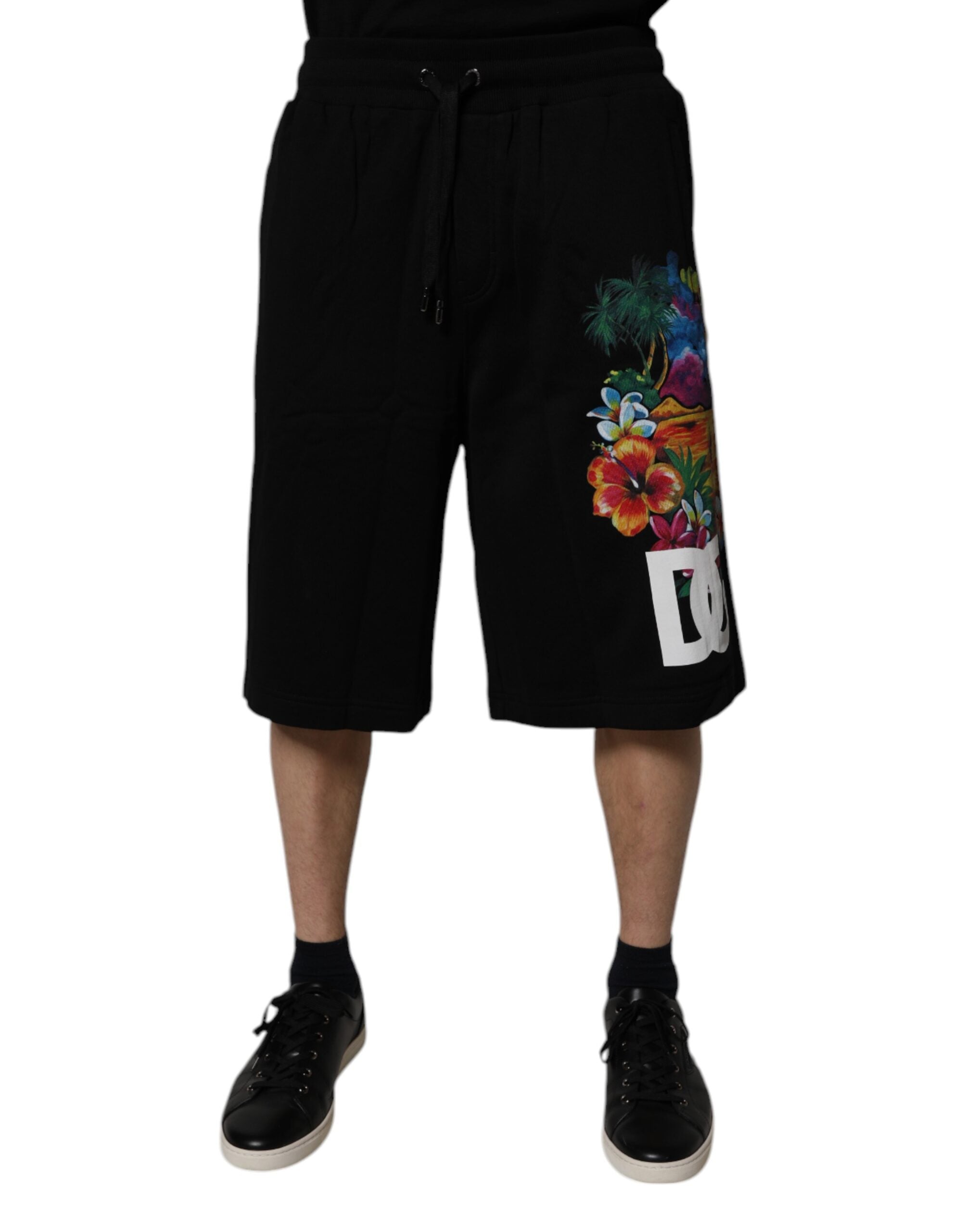Dolce & Gabbana black cotton Bermuda shorts with logo and floral print-2