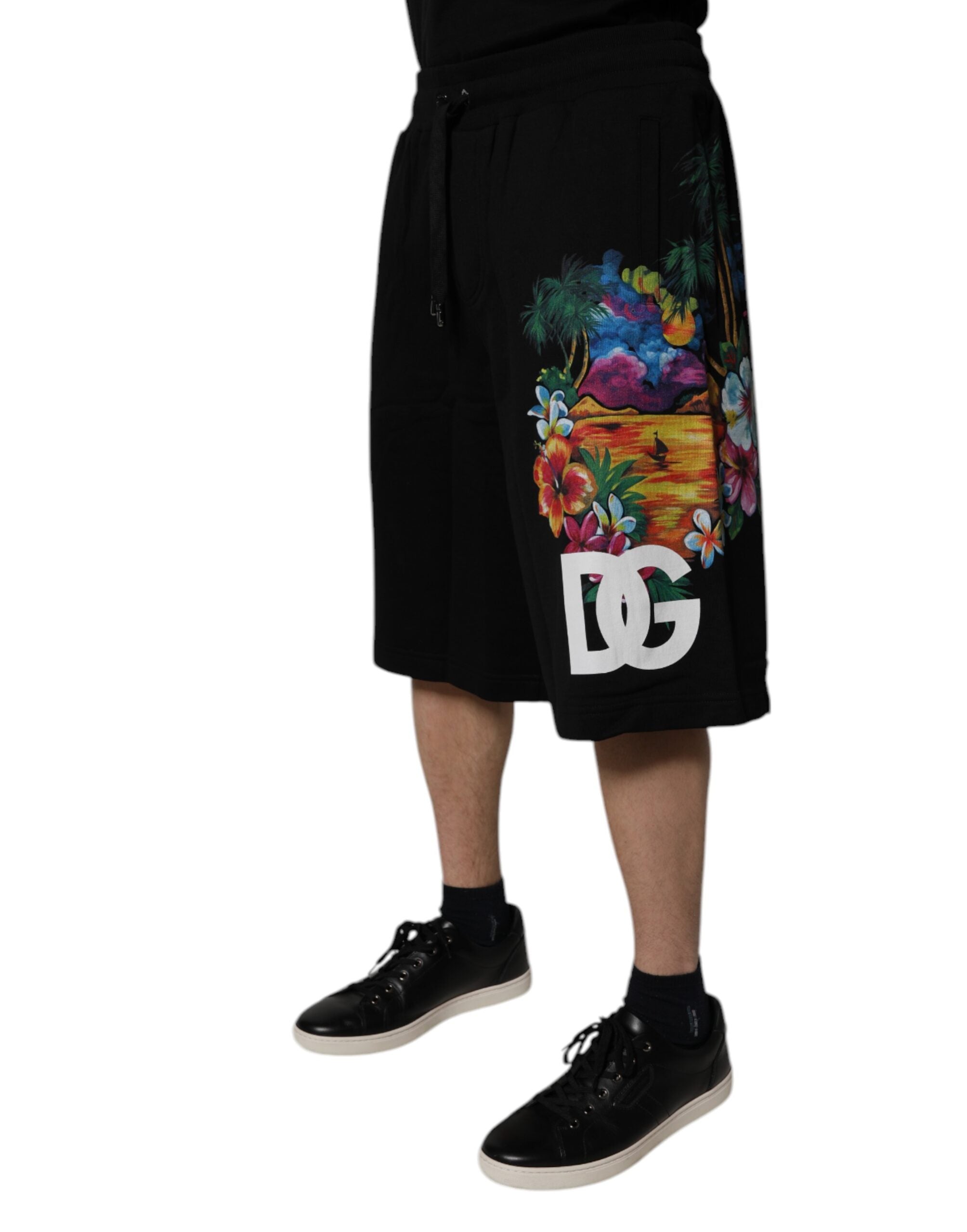 Dolce & Gabbana black cotton Bermuda shorts with logo and floral print-3