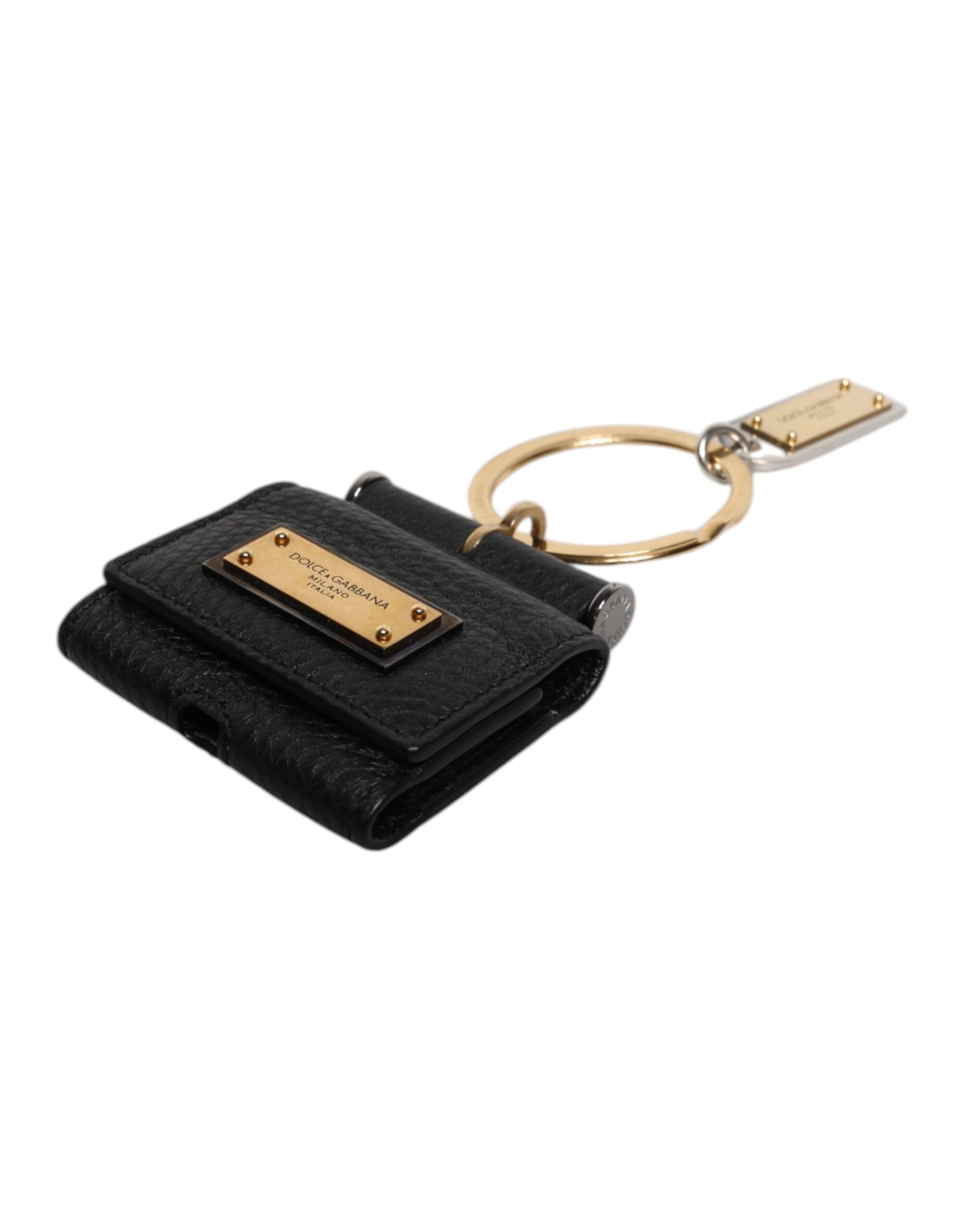 Dolce & Gabbana Schwarzer Lederriemen Gold Metall Logo Plaque Airpods Fall-6