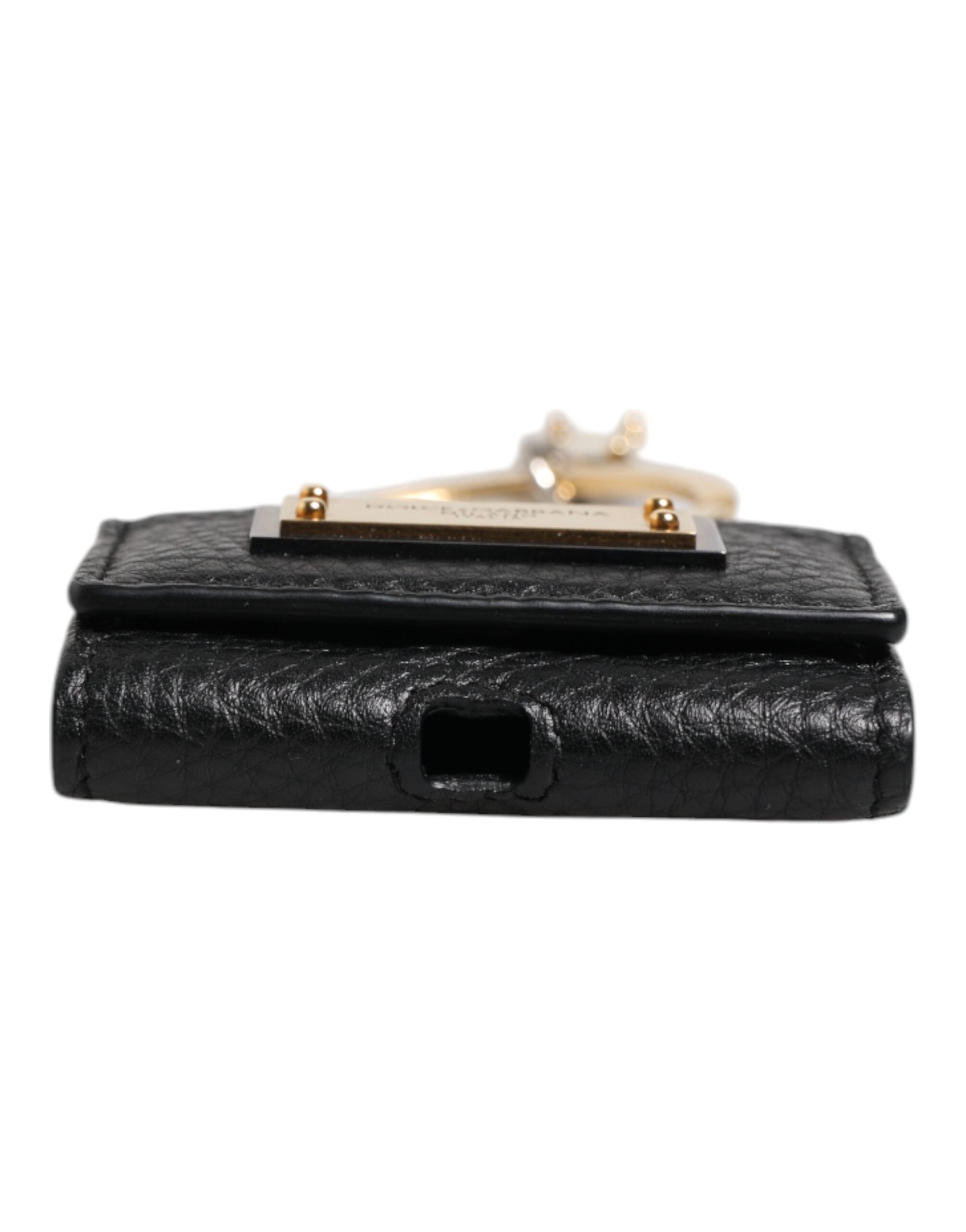 Dolce & Gabbana Schwarzer Lederriemen Gold Metall Logo Plaque Airpods Fall-7