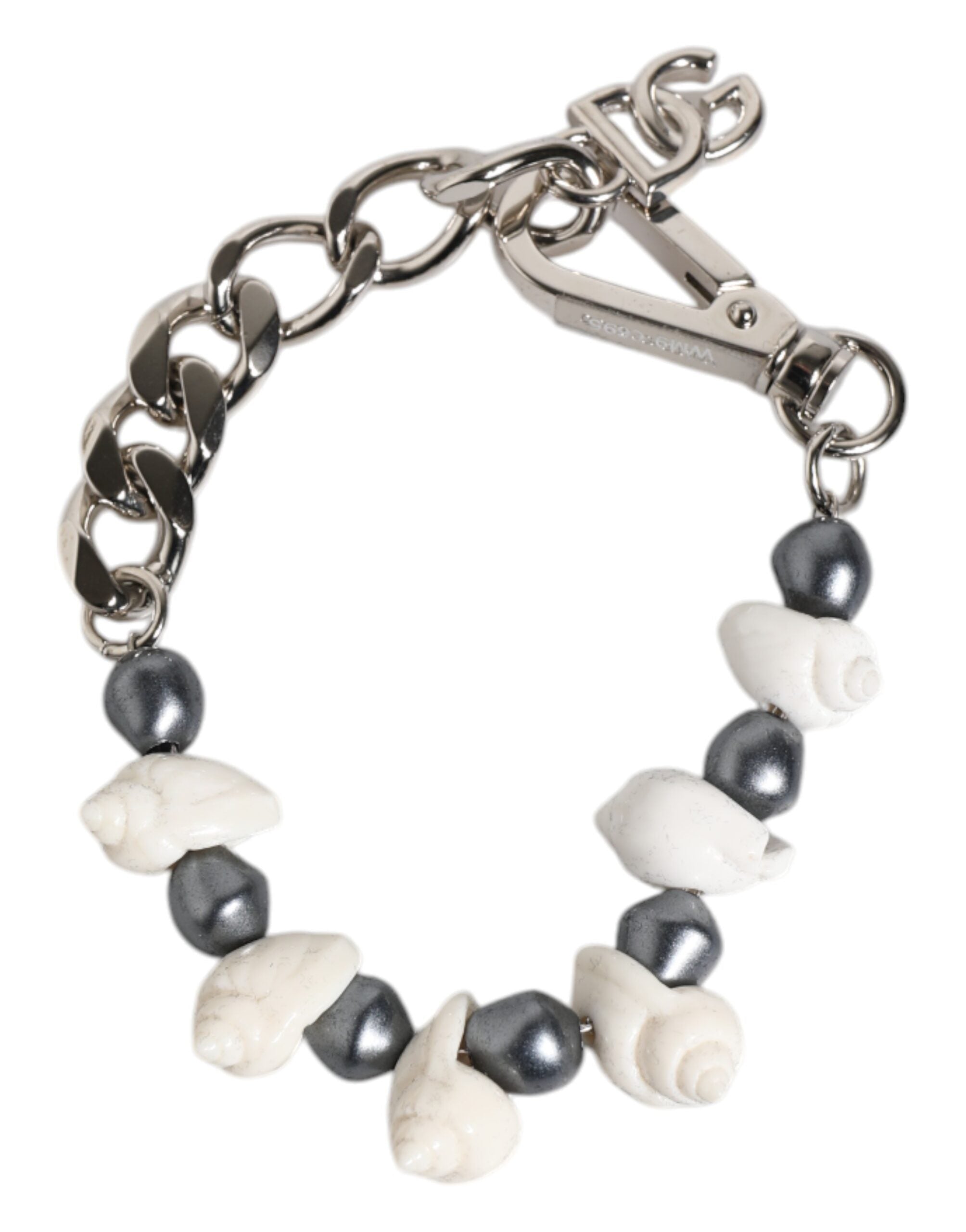 Dolce & Gabbana Silver-tone Brass Beaded Shell DG Logo Pendant Bracelet