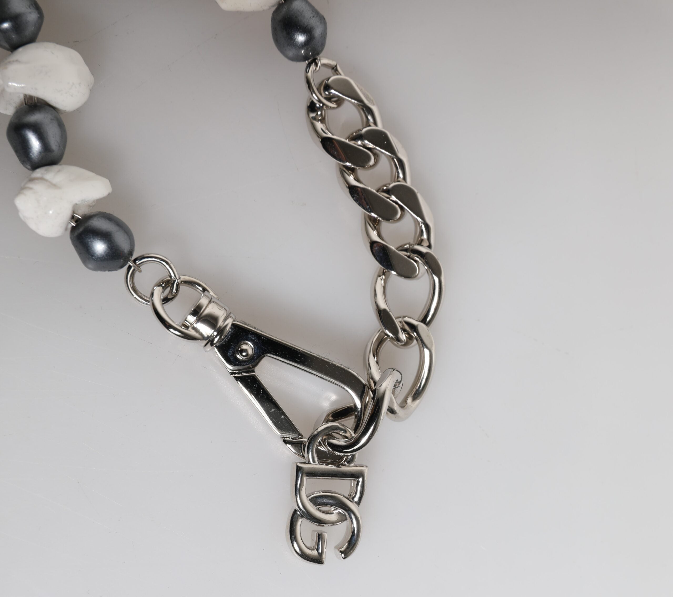 Dolce & Gabbana Silver-tone Brass Beaded Shell DG Logo Pendant Bracelet-3