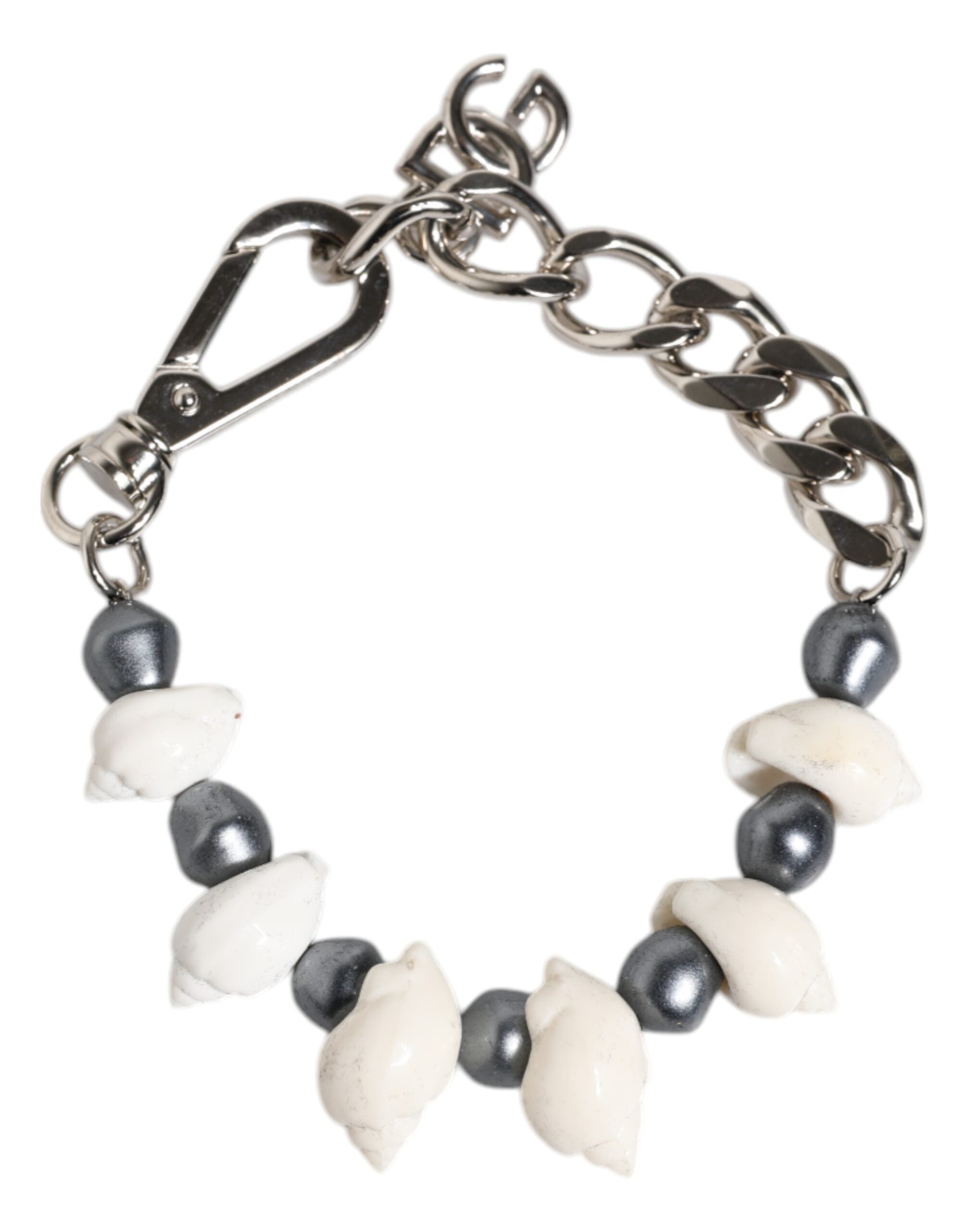 Dolce & Gabbana Silver-tone Brass Beaded Shell DG Logo Pendant Bracelet-4