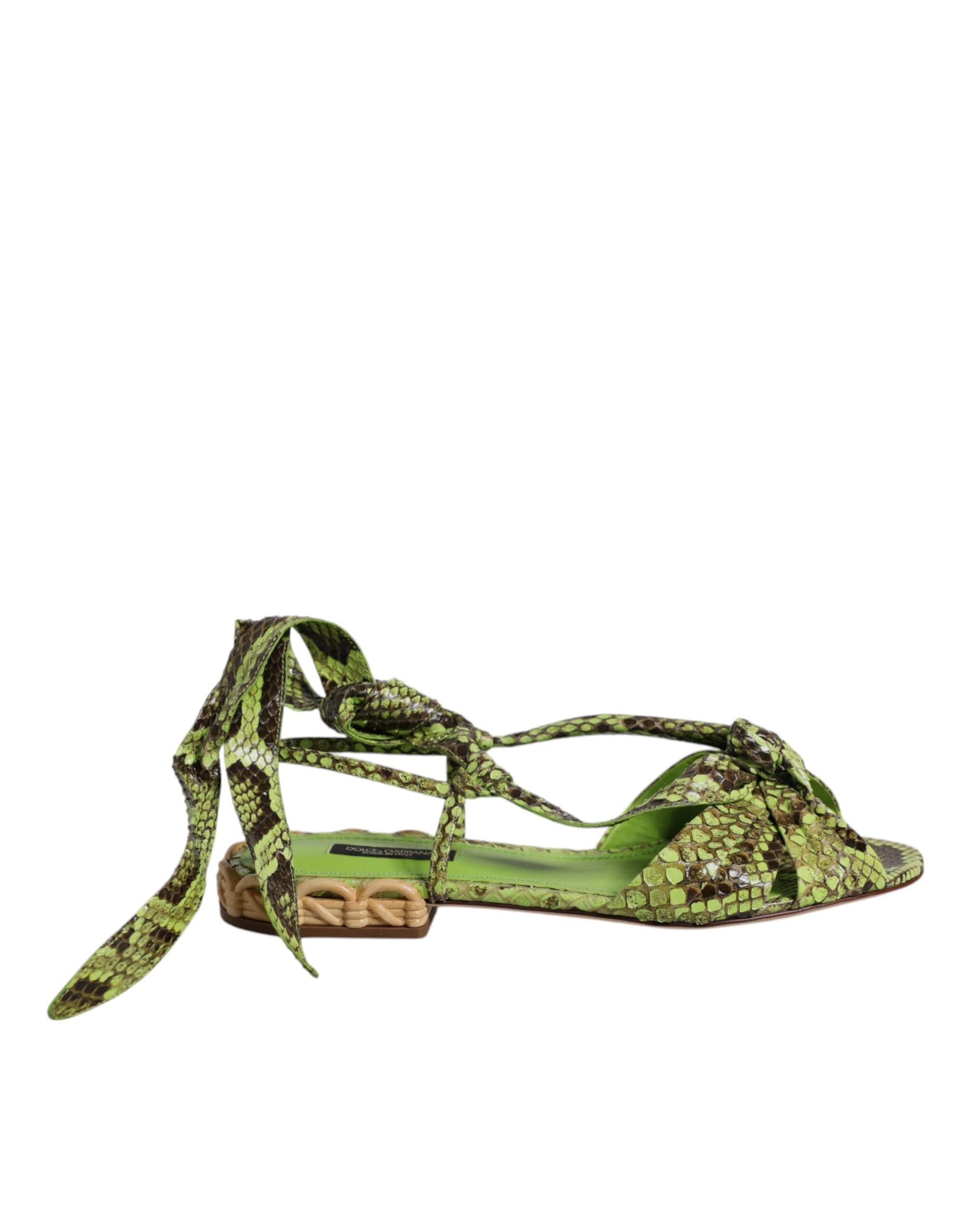 Dolce & Gabbana Green Animal Print Ankle Wrap Sandals Shoes-1