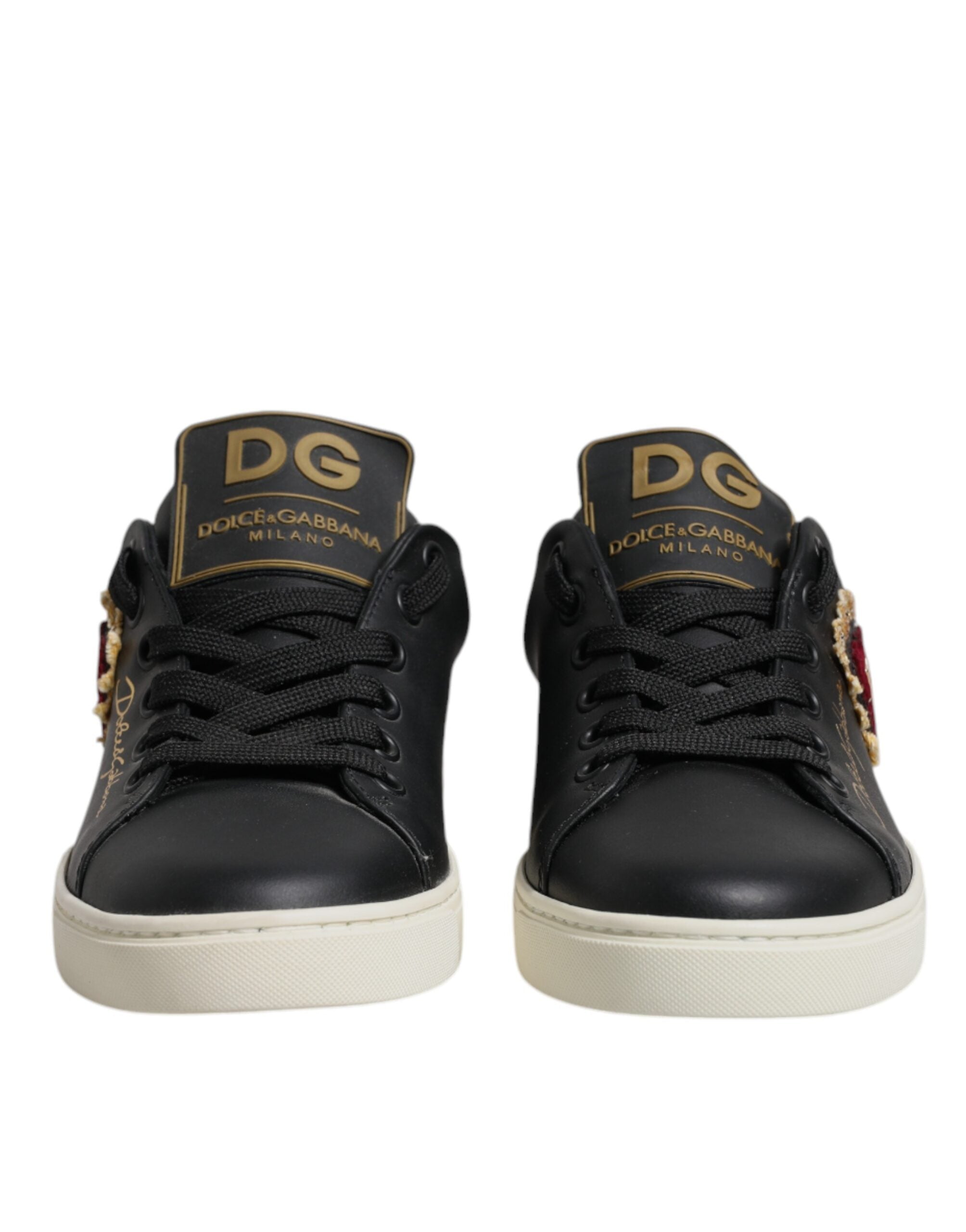 Dolce & Gabbana Black Leather Gold Red Heart Sneakers Shoes-2