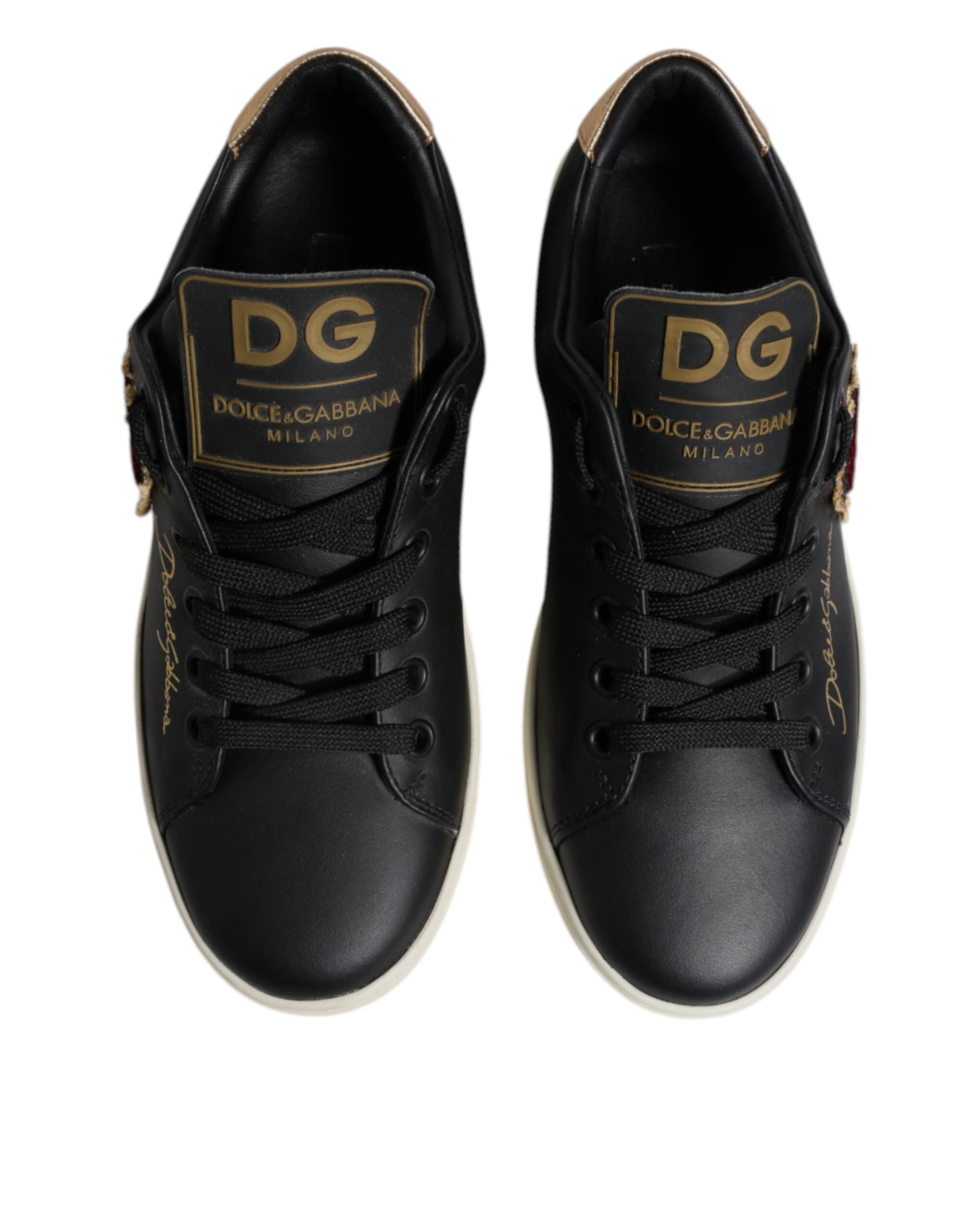 Dolce & Gabbana Black Leather Gold Red Heart Sneakers Shoes-3