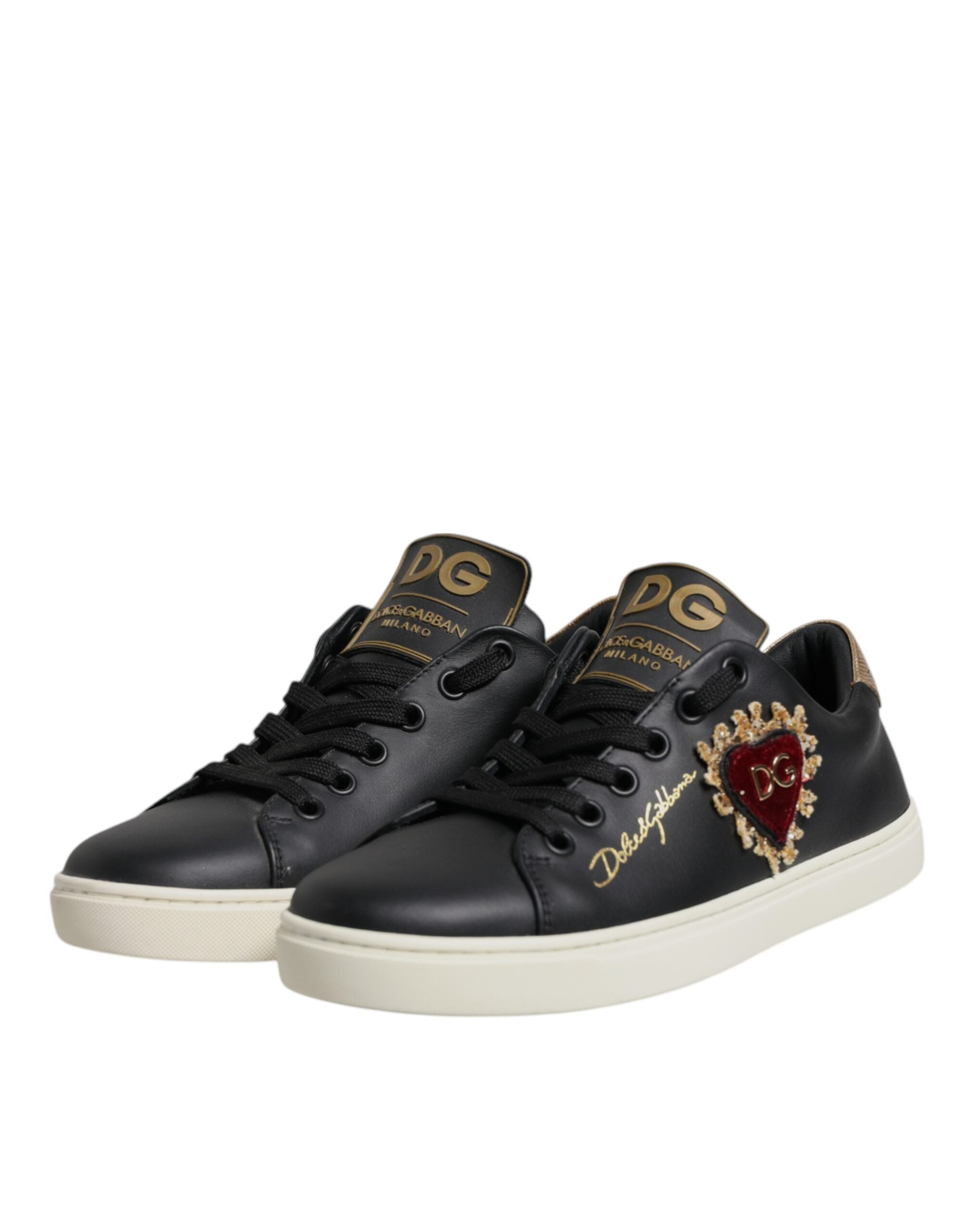 Dolce & Gabbana Black Leather Gold Red Heart Sneakers Shoes-4