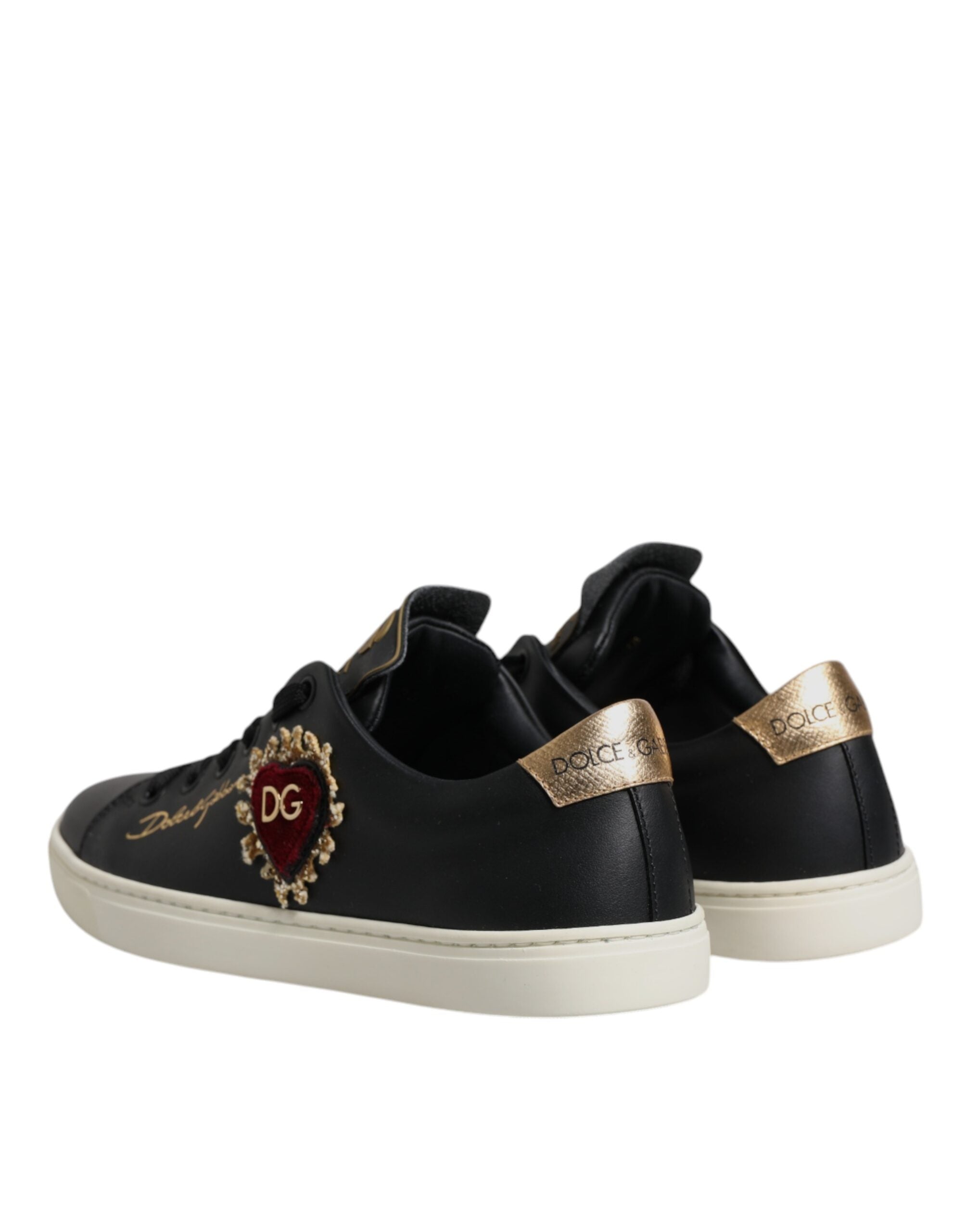 Dolce & Gabbana Black Leather Gold Red Heart Sneakers Shoes-5