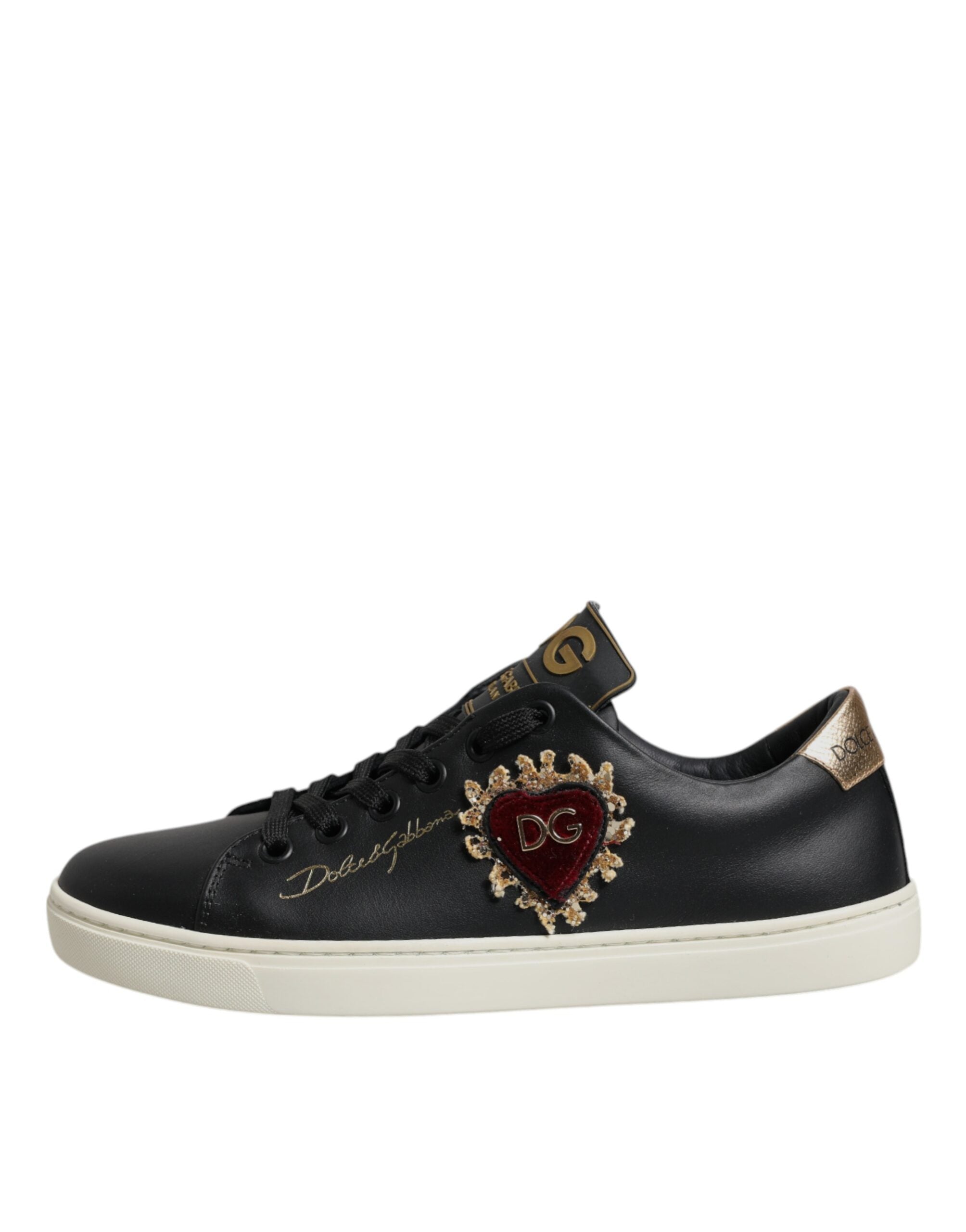Dolce & Gabbana Black Leather Gold Red Heart Sneakers Shoes-6