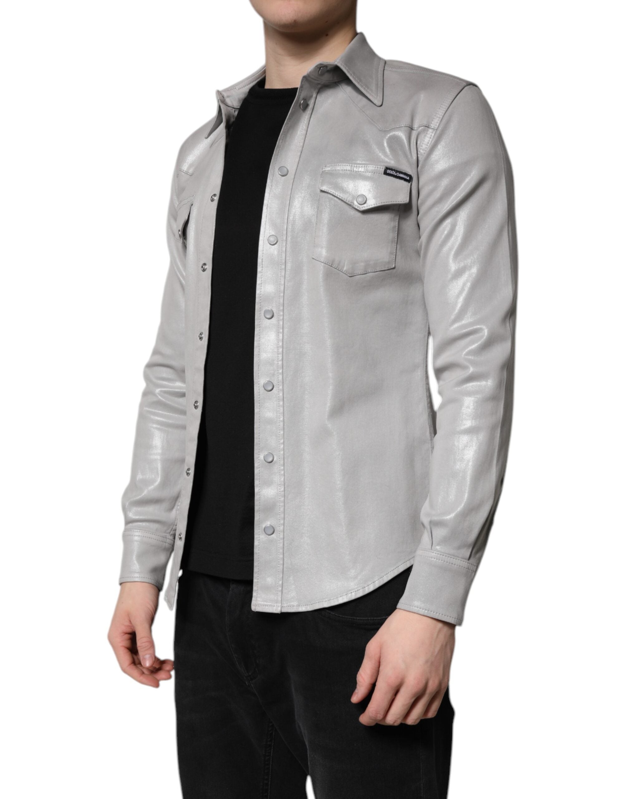 Dolce & Gabbana Metallisch graues Baumwollhemd mit Knopfleiste-3