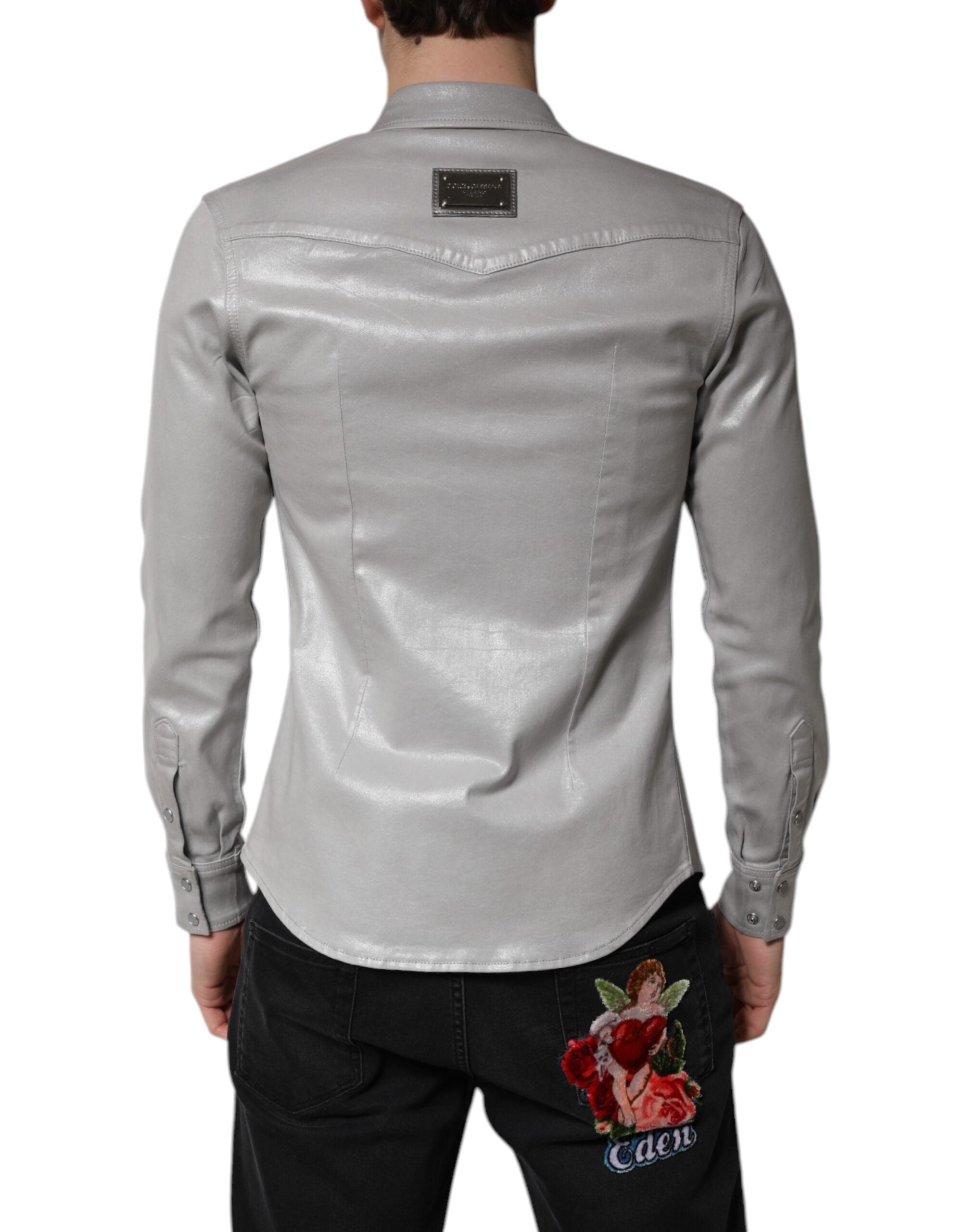 Dolce & Gabbana Metallisch graues Baumwollhemd mit Knopfleiste-4