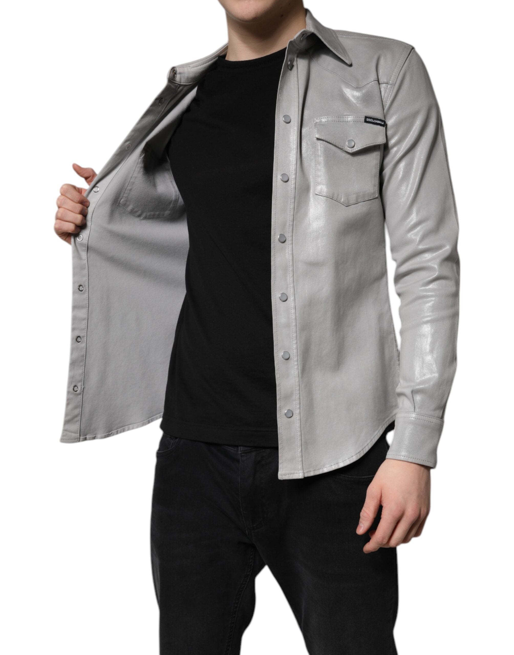 Dolce & Gabbana Metallisch graues Baumwollhemd mit Knopfleiste-6
