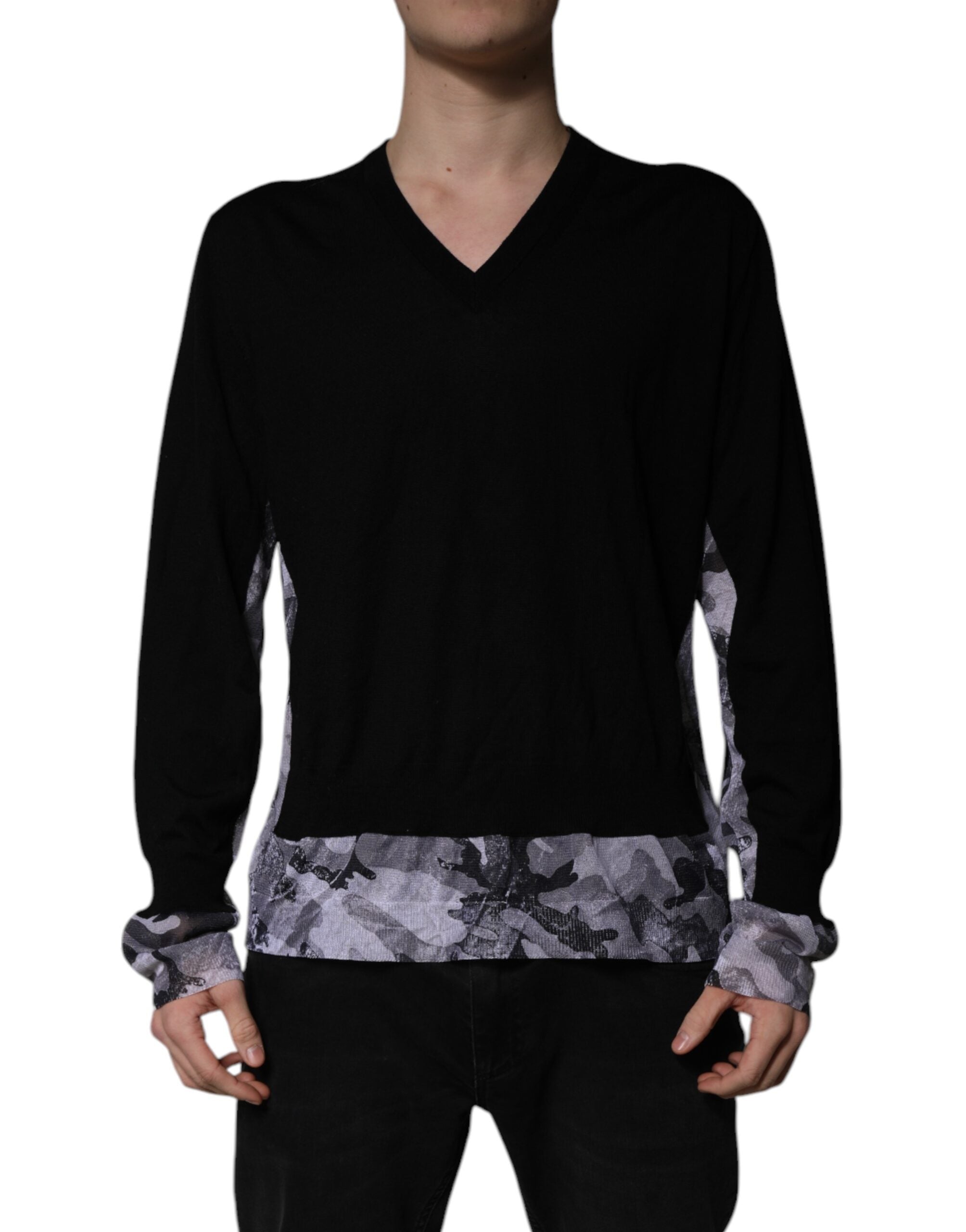 Dolce & Gabbana Black Camouflage V-Neck Sweater-1