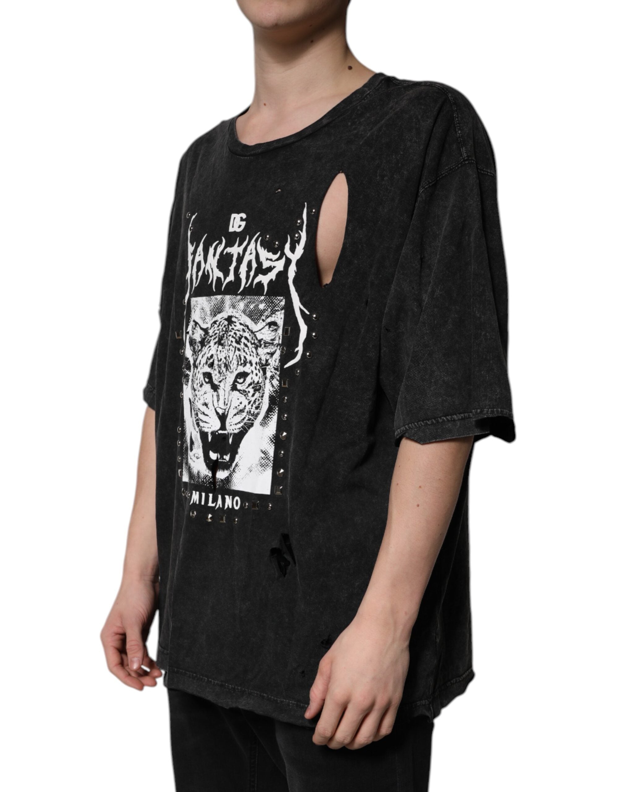 Dolce & Gabbana Schwarzes T-Shirt mit Rundhalsausschnitt aus Baumwolle mit Grafikdruck-3