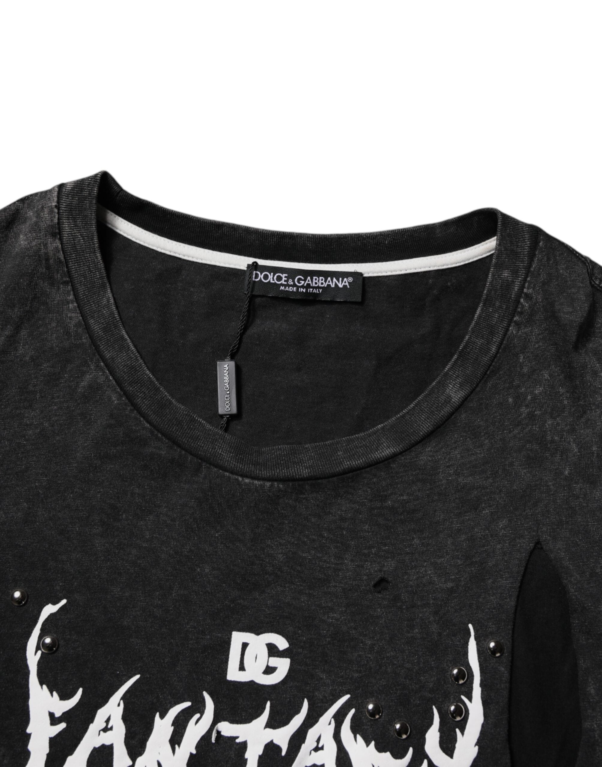 Dolce & Gabbana Schwarzes T-Shirt mit Rundhalsausschnitt aus Baumwolle mit Grafikdruck-6